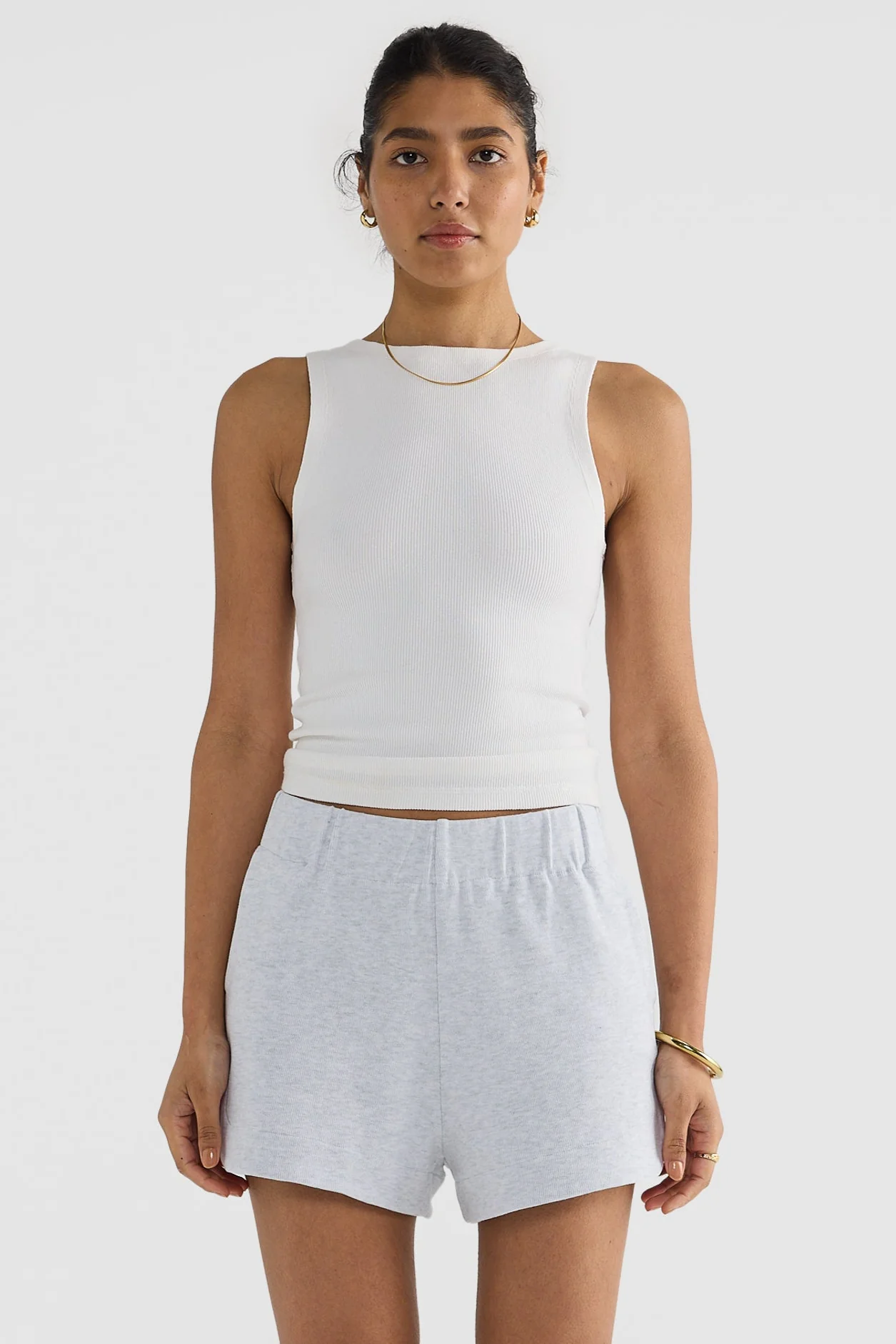 Ava Curved Hem Shorts White Marle