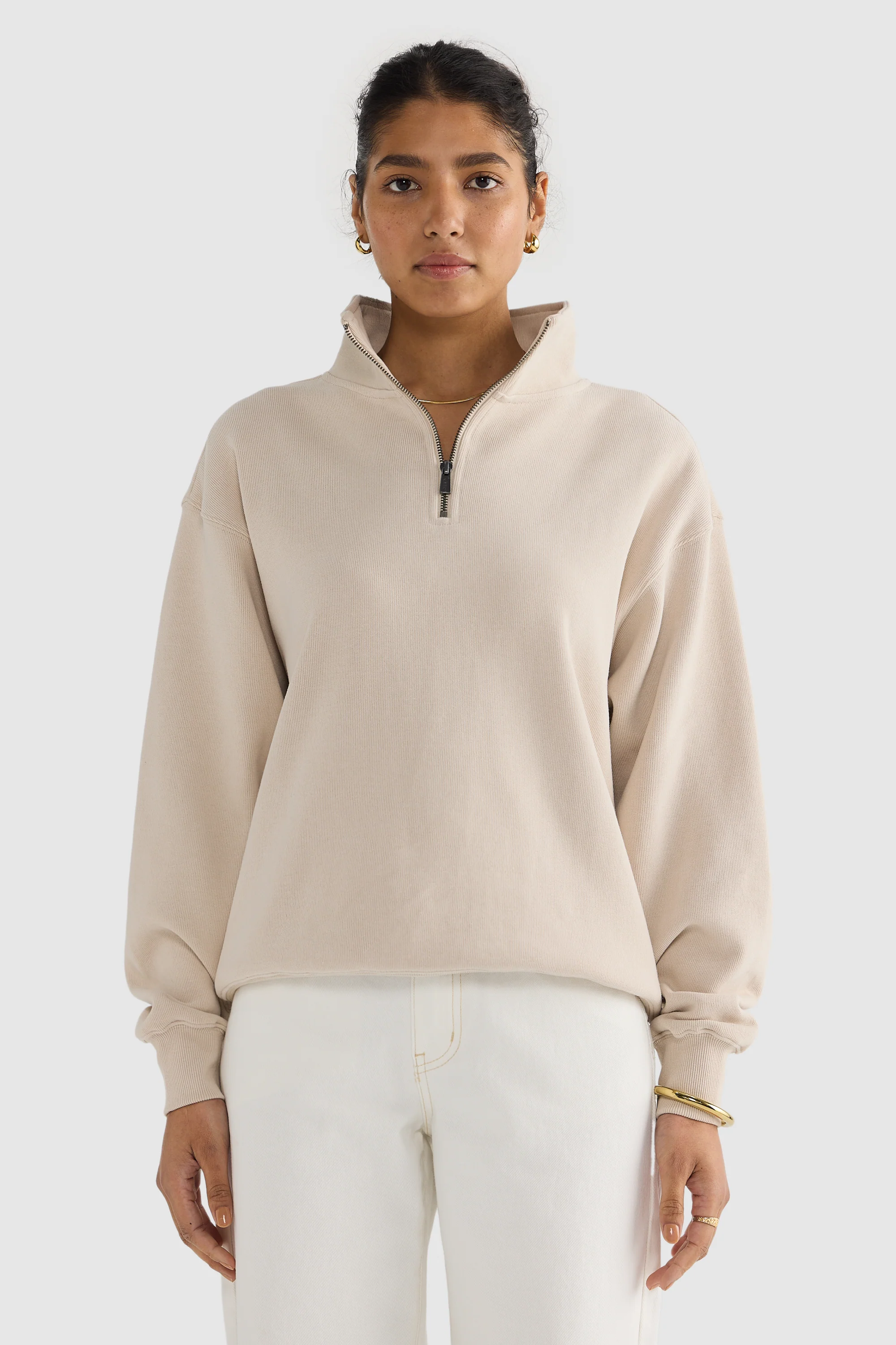 Ava Ribbed Quarter Zip Bone