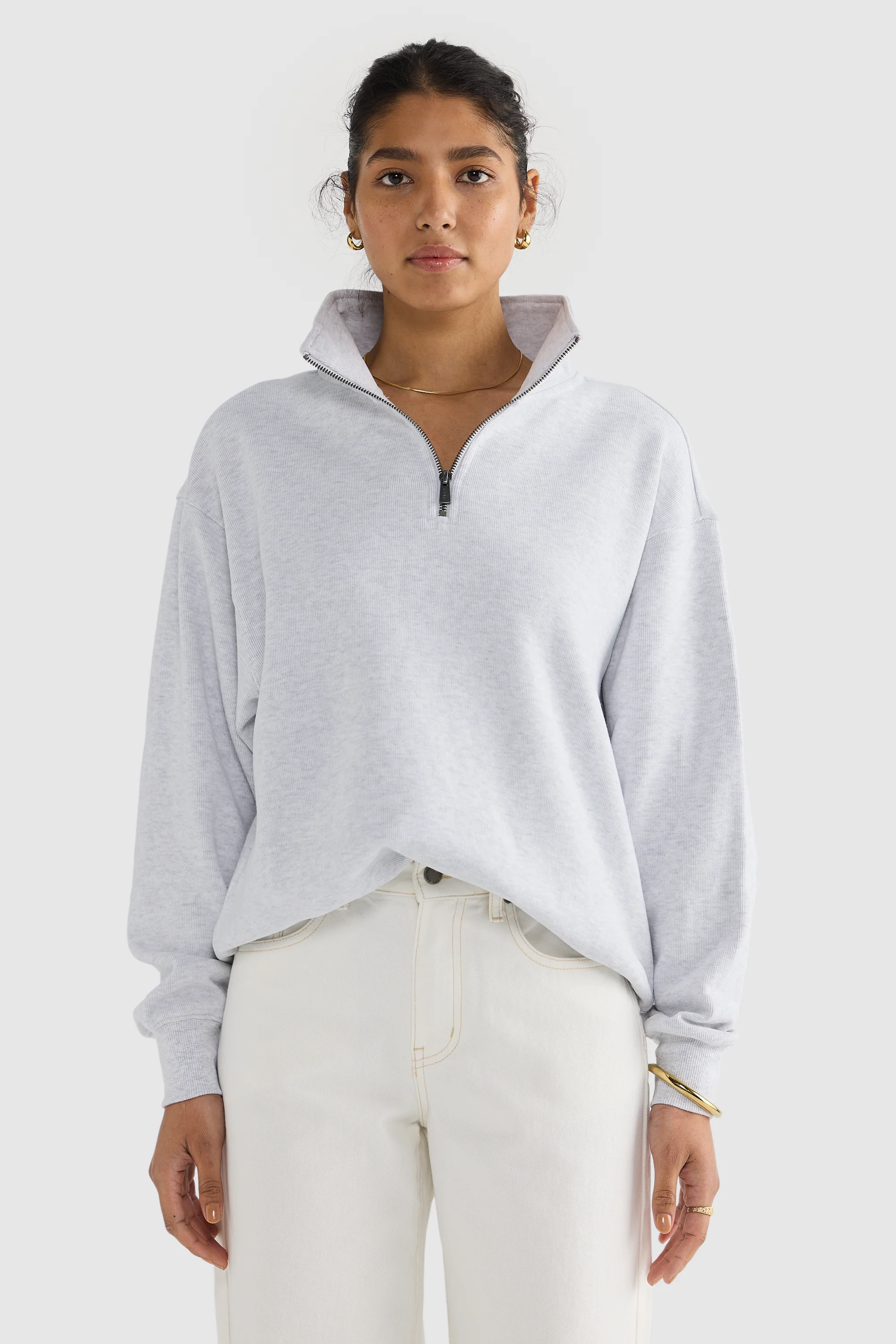 Ava Ribbed Quarter Zip White Marle