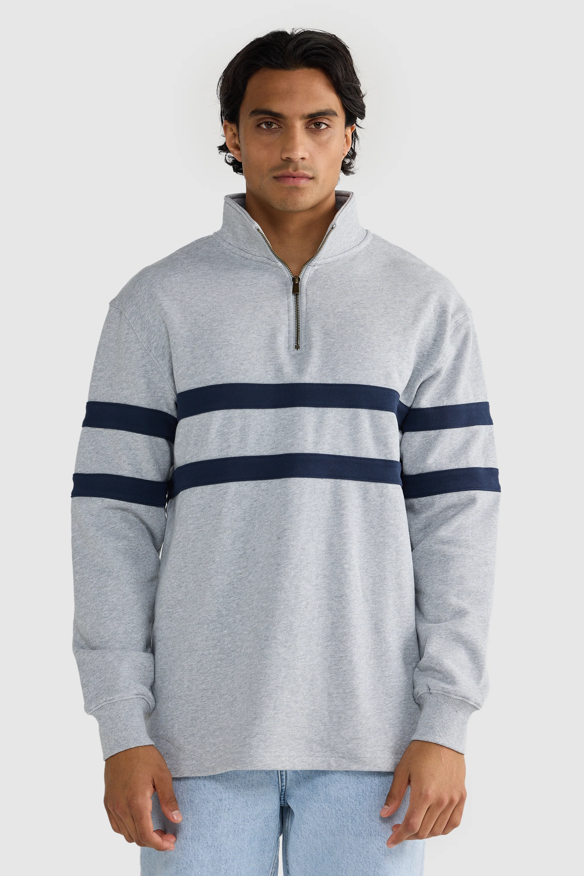 Collegiate Stripe Quarter Zip Grey Marle