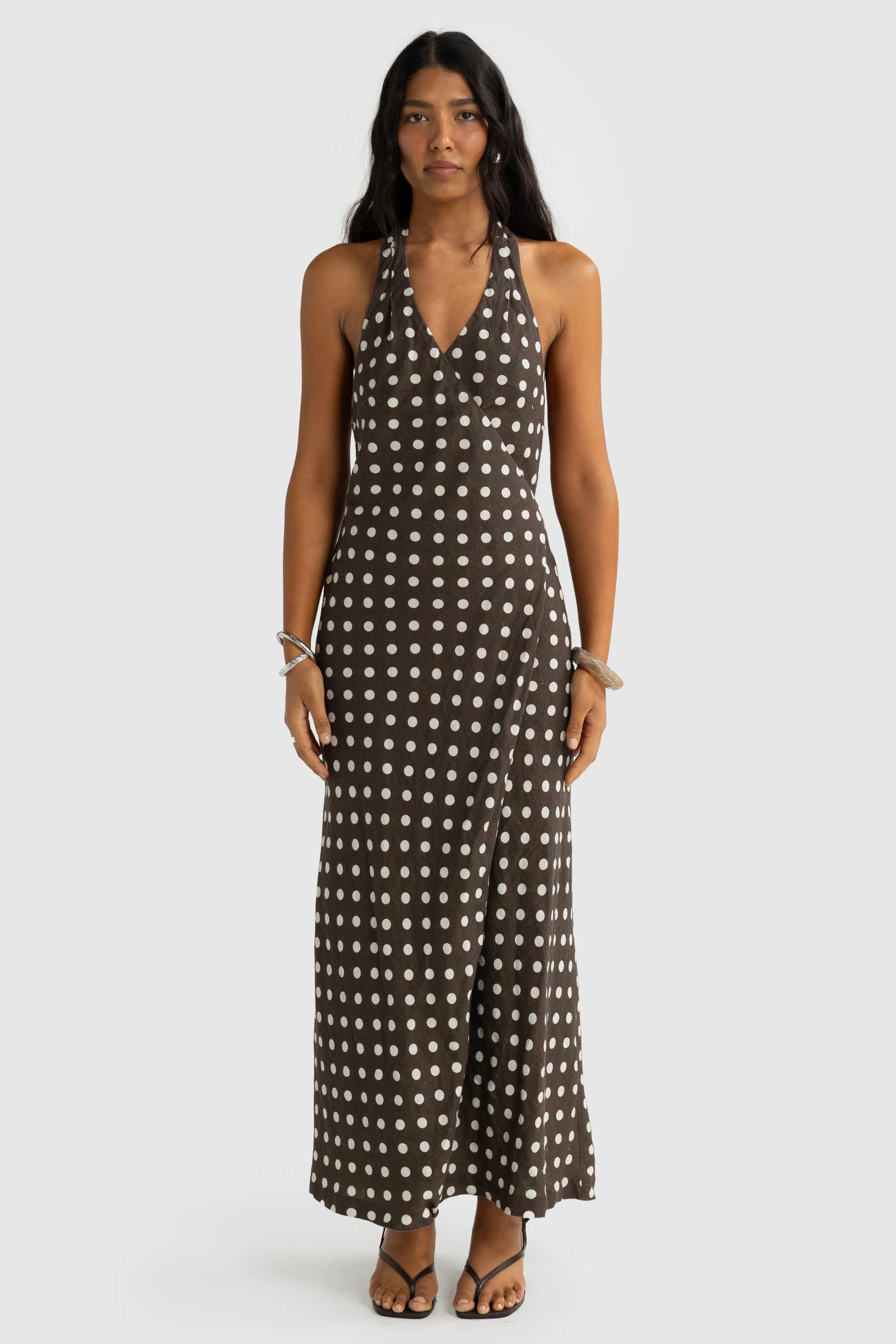 Elise Linen Wrap Full Length Dress Carob