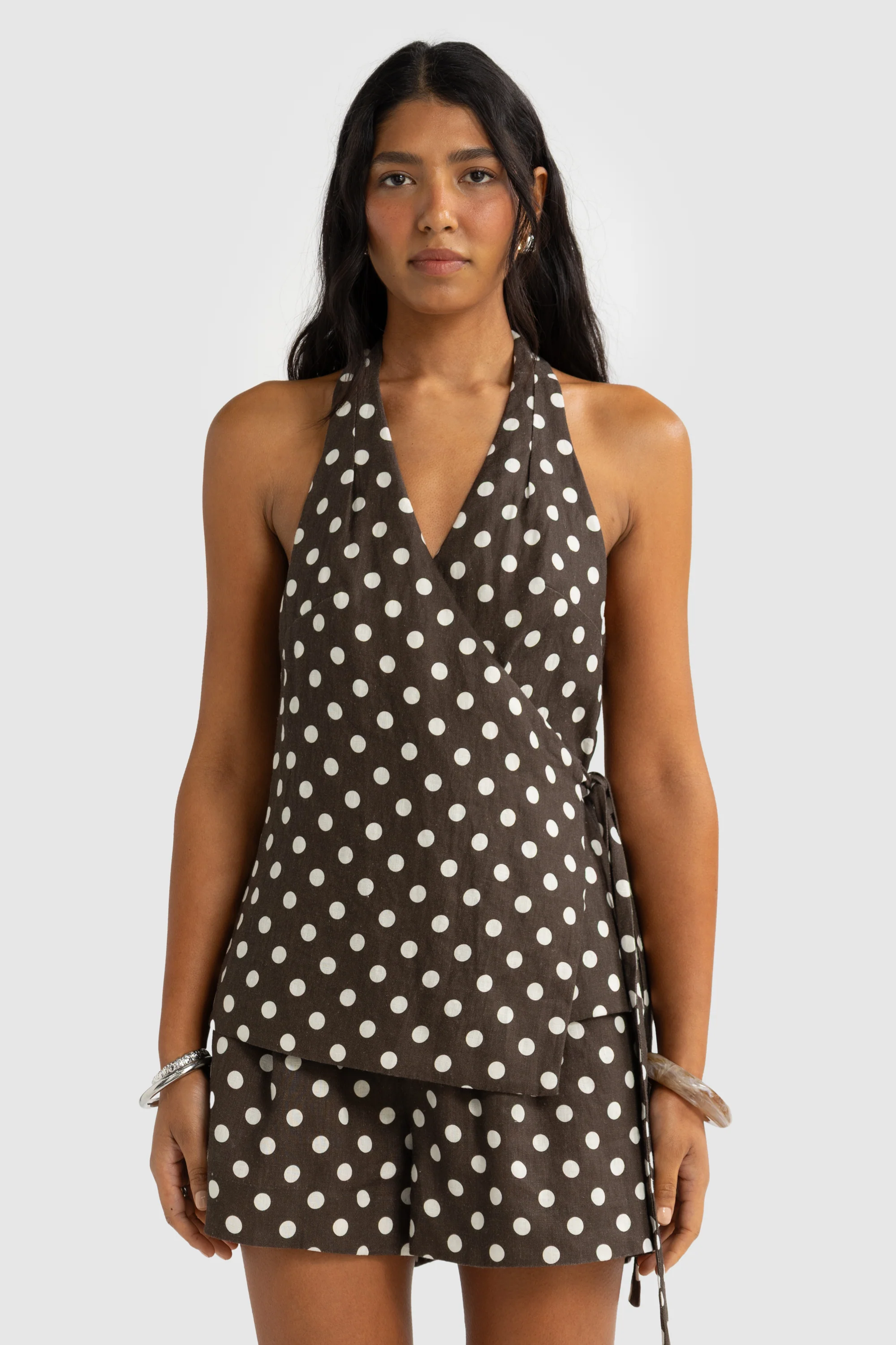 Elise Linen Wrap Top Carob Polkadot