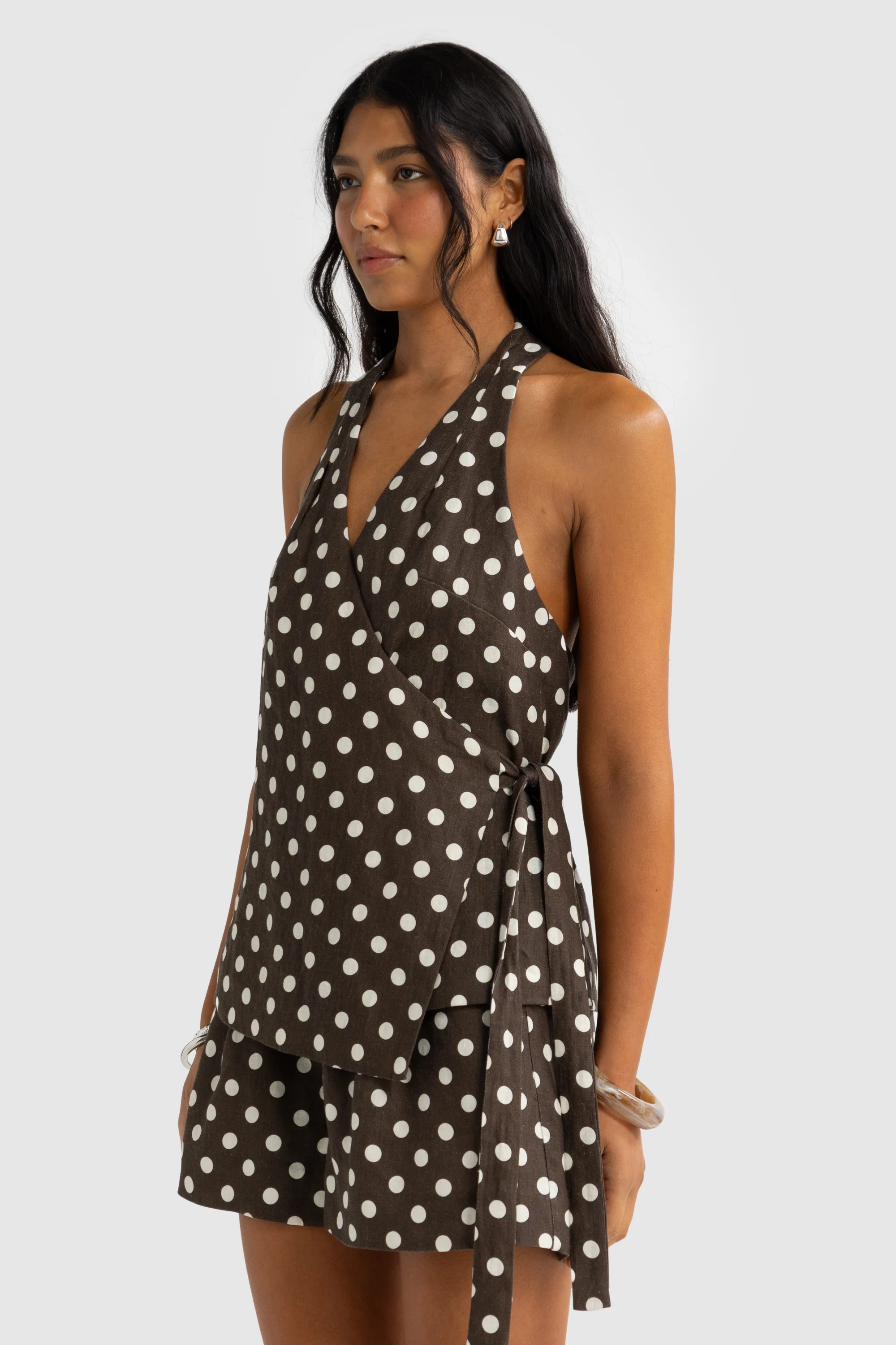 Elise Linen Wrap Top Carob Polkadot - Image 3