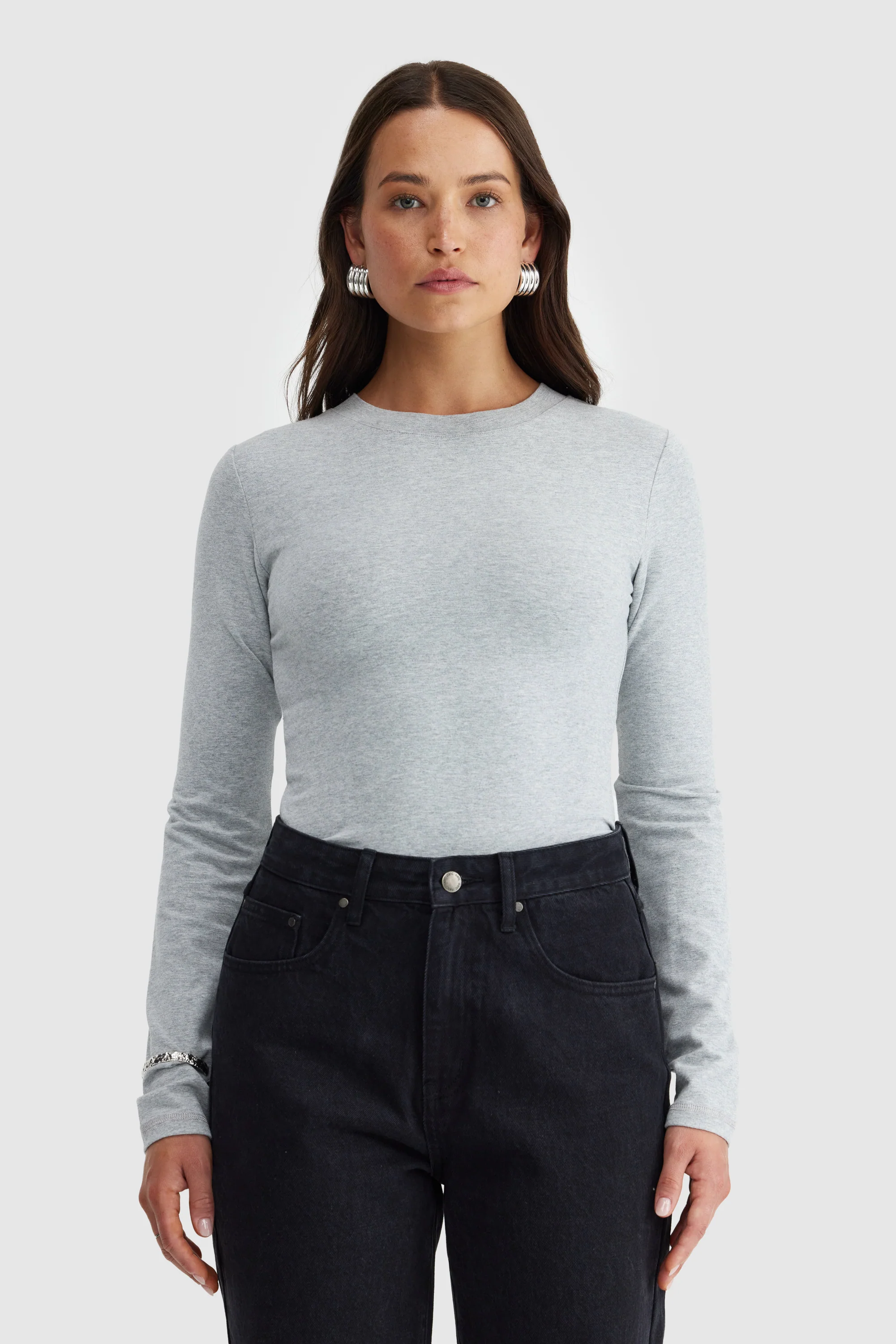 Evie Long Sleeve Fitted Top Grey Marle