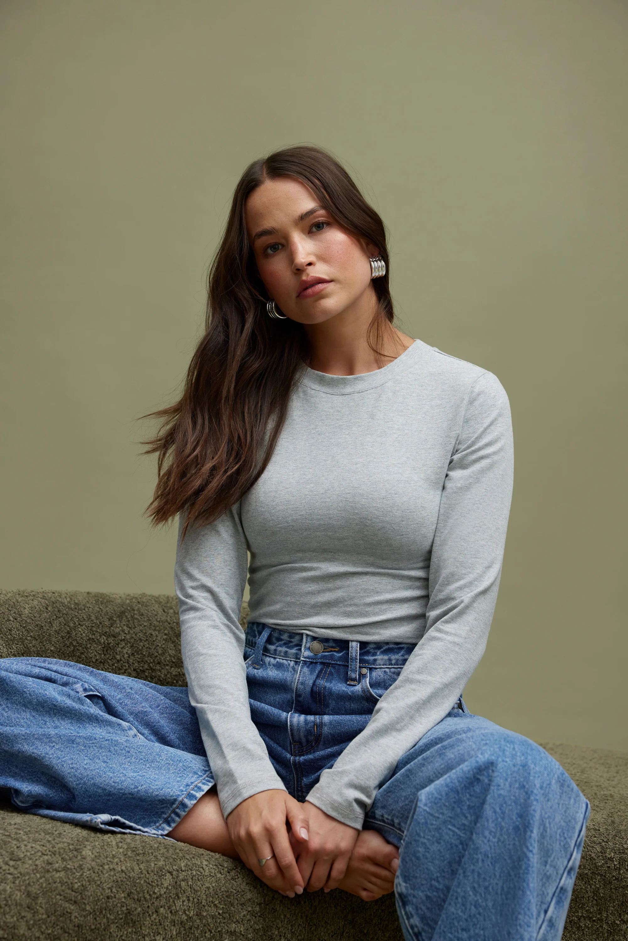 Evie Long Sleeve Fitted Top Grey Marle - Image 2