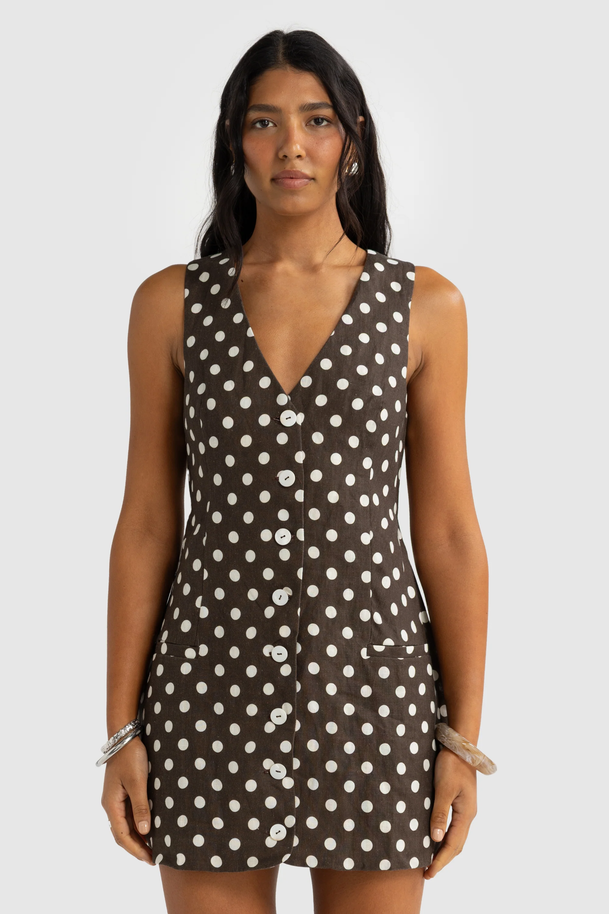 Koda Linen Mini Dress Carob Polkadot - Image 2