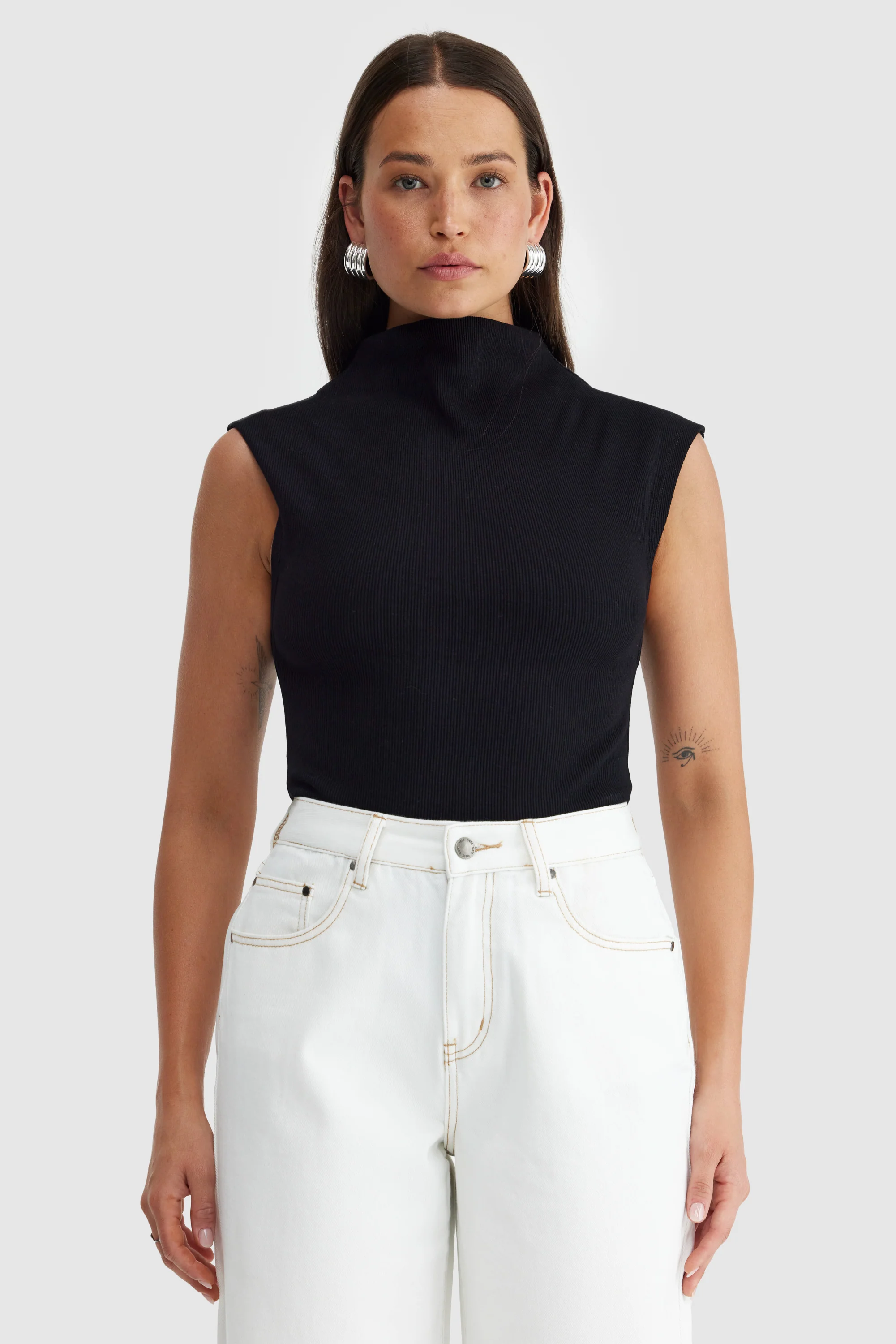 Liv High Neck Rib Top Black