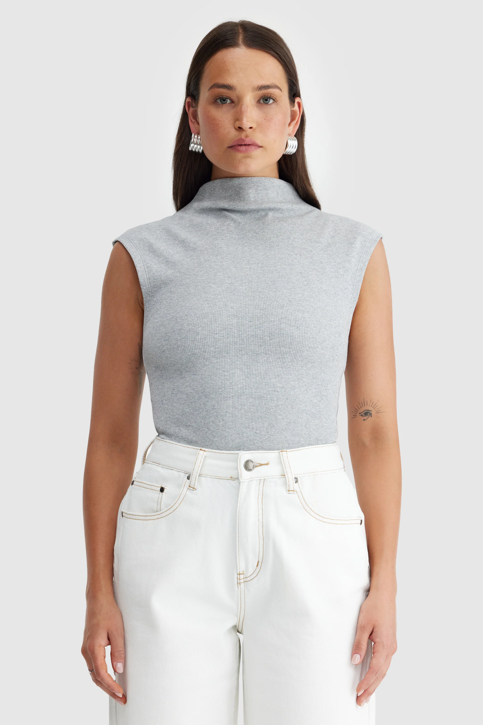 Liv High Neck Rib Top Grey Marle