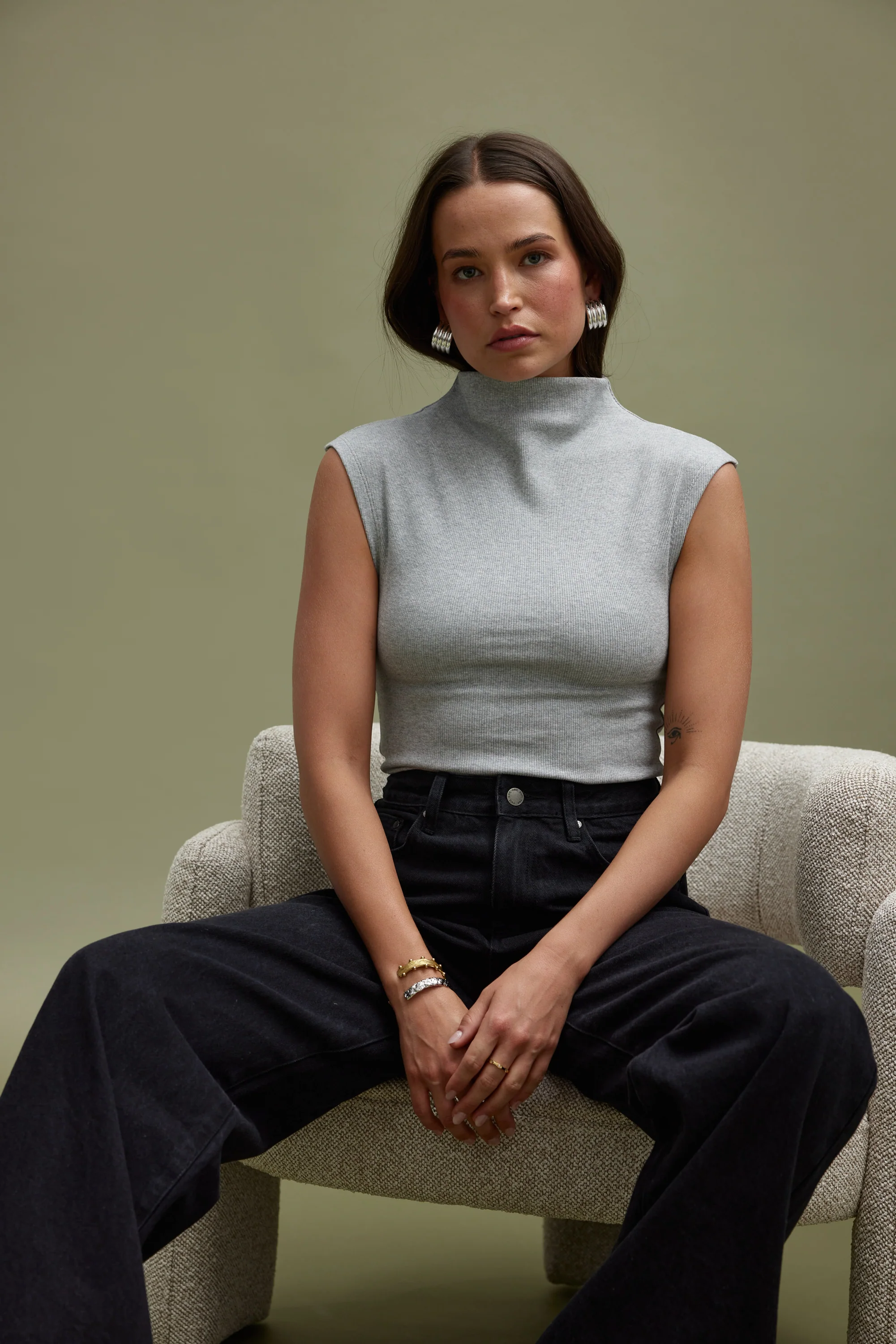 Liv High Neck Rib Top Grey Marle - Image 2