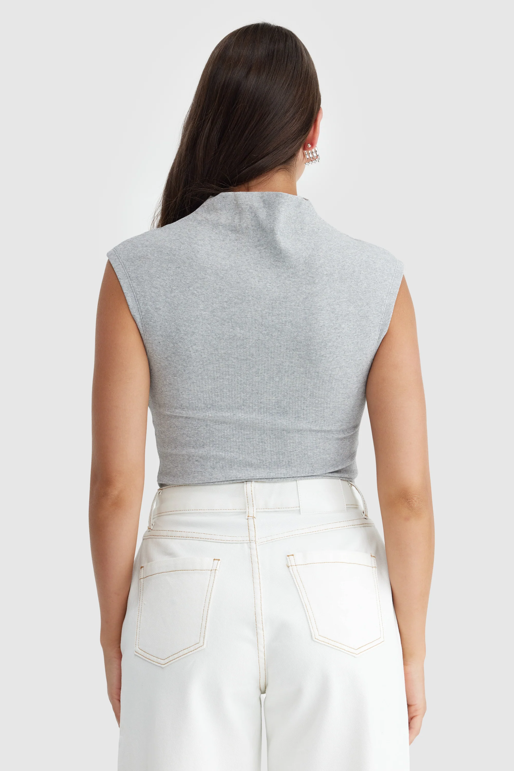 Liv High Neck Rib Top Grey Marle - Image 4