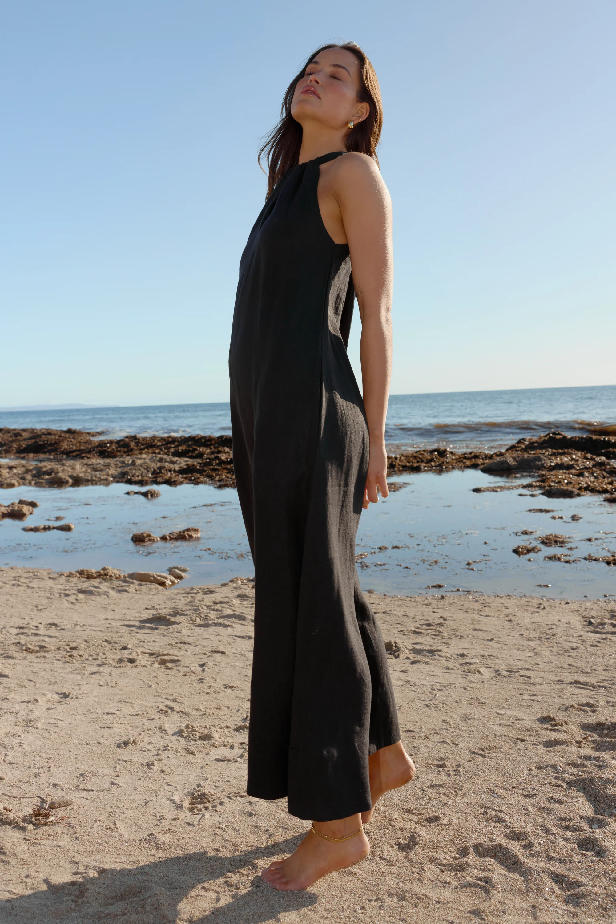 Luna Linen Halter Dress Black - Image 2