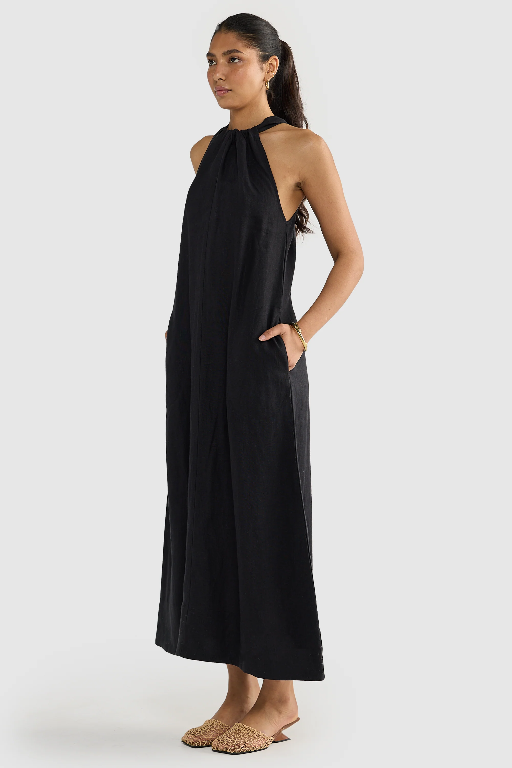 Luna Linen Halter Dress Black - Image 5