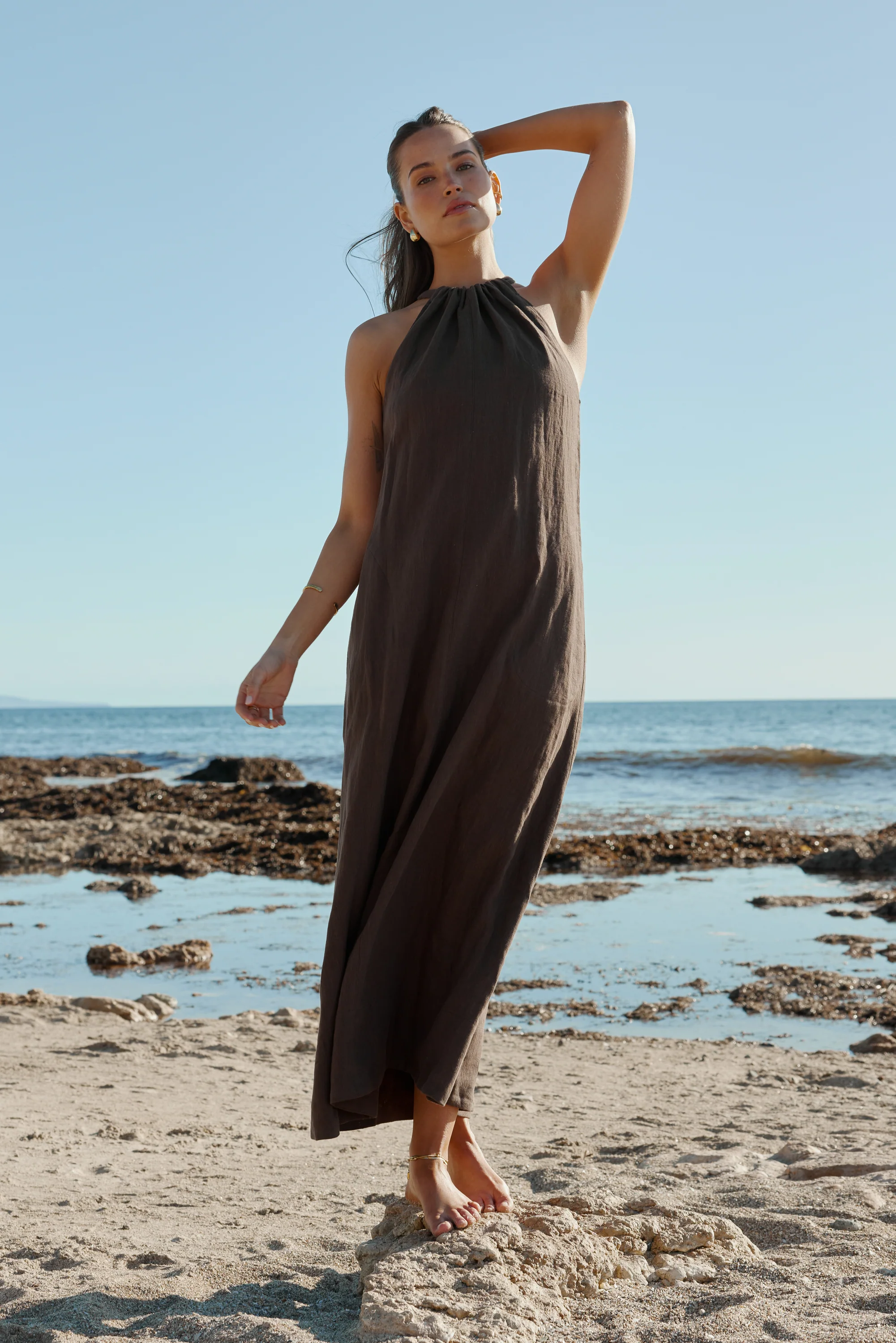 Luna Linen Full Length Halter Dress Carob - Image 2