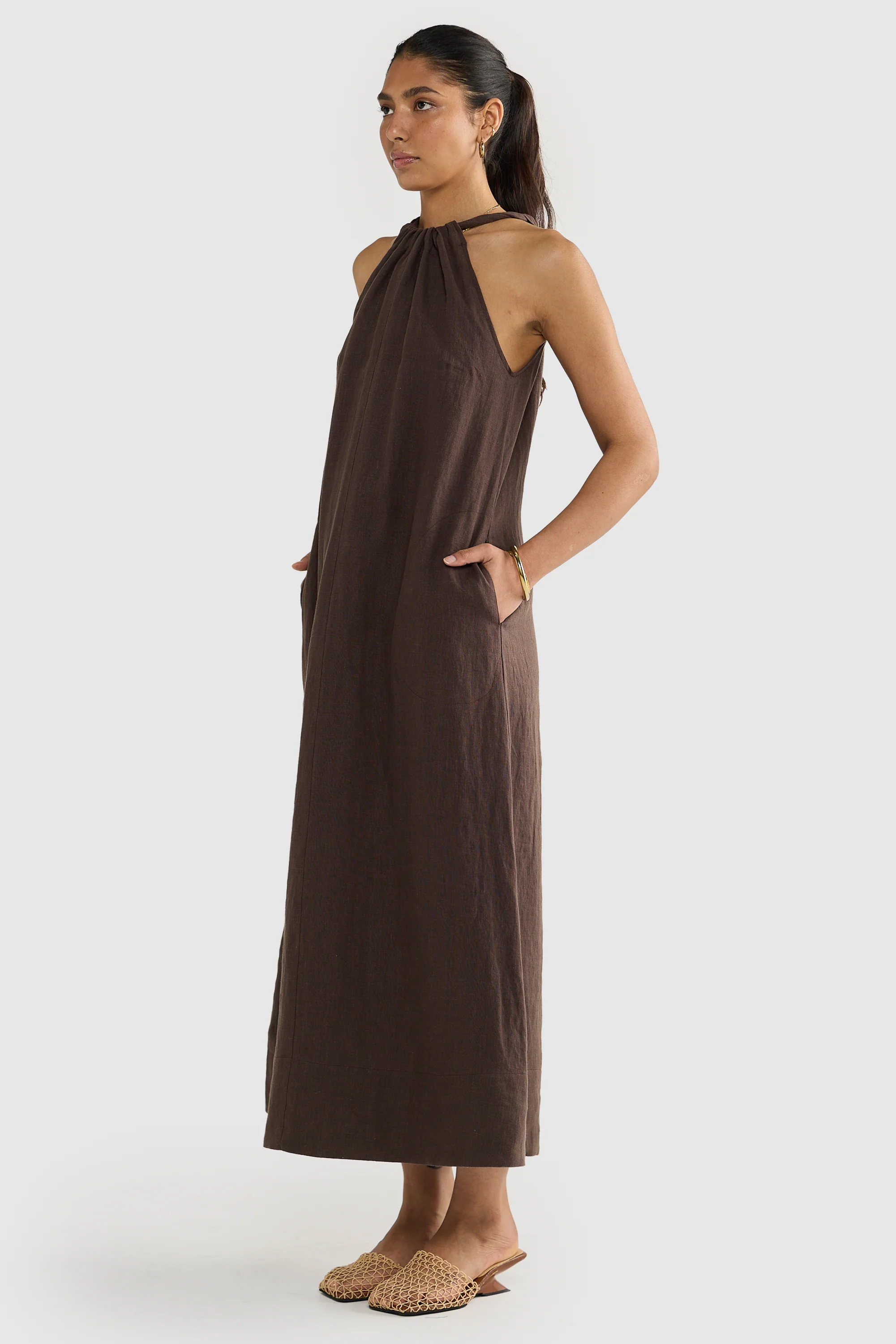 Luna Linen Full Length Halter Dress Carob - Image 5