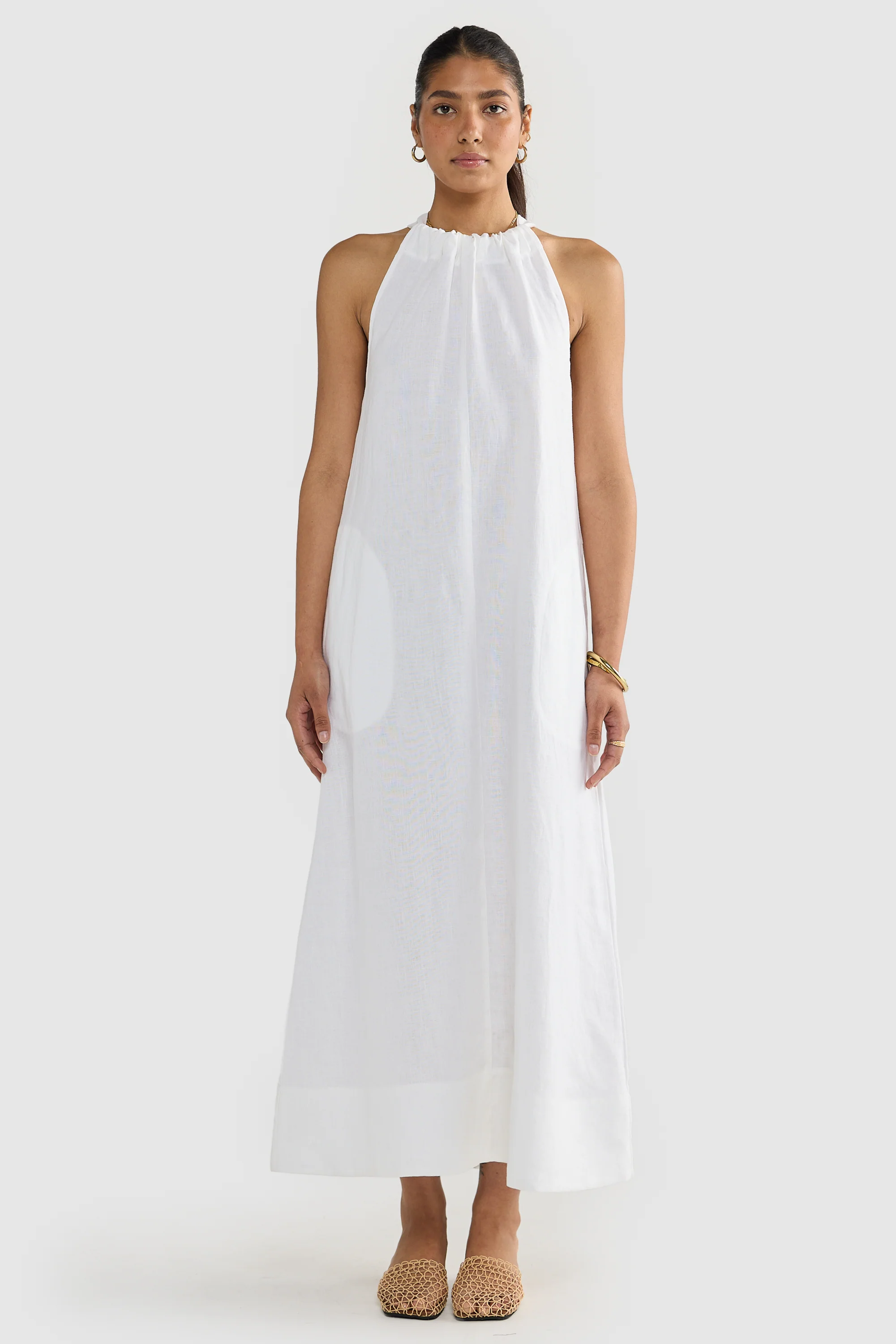Luna Linen Full Length Halter Dress White