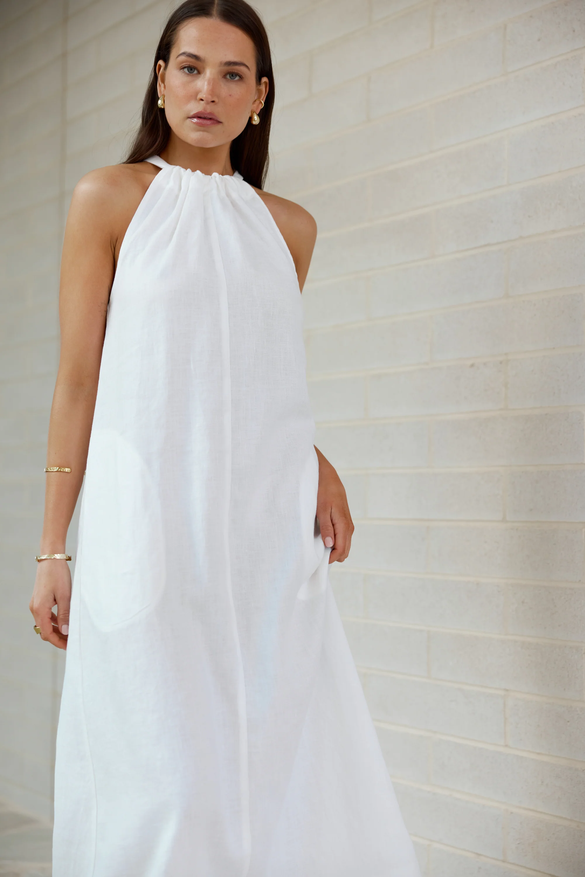 Luna Linen Full Length Halter Dress White - Image 2