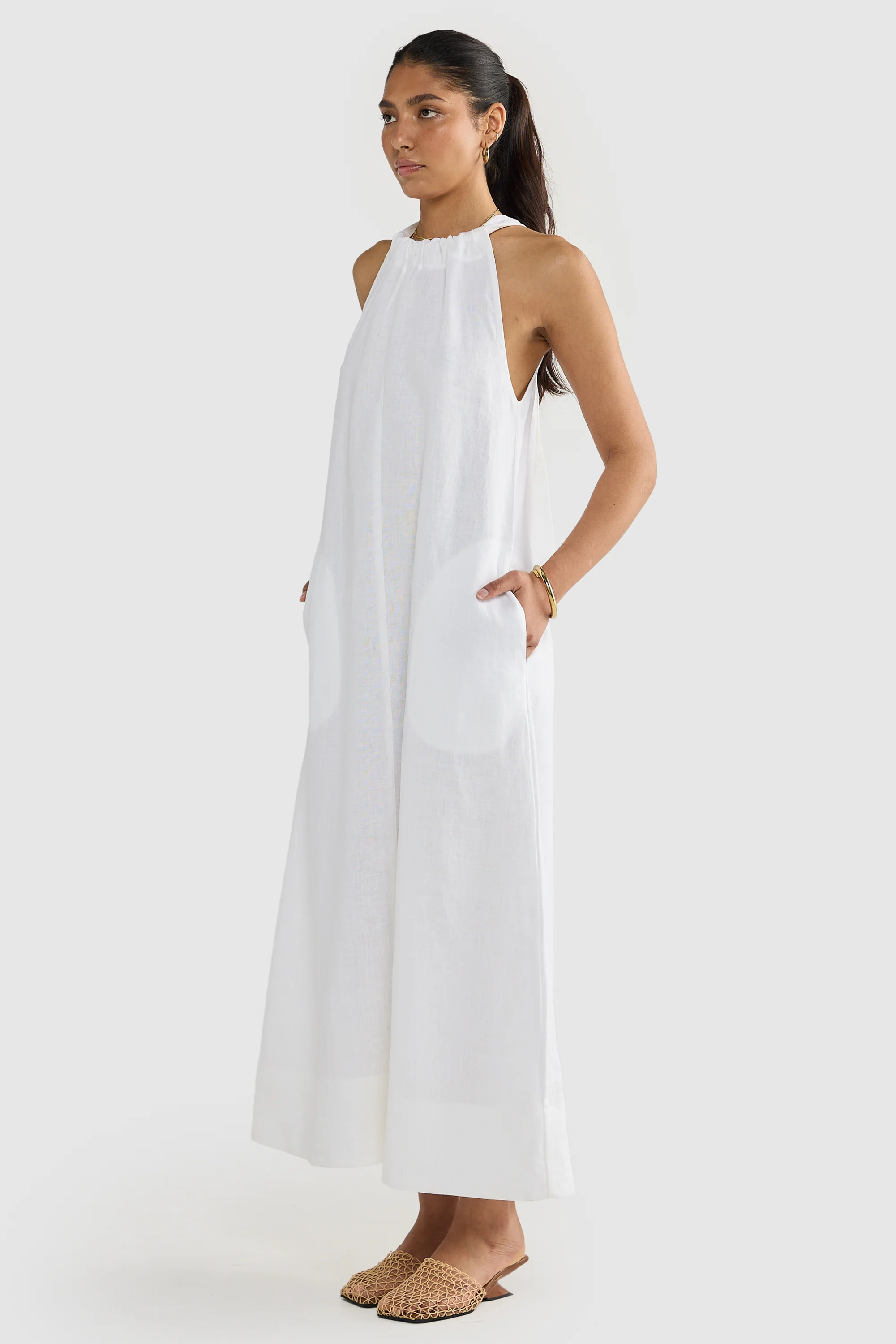 Luna Linen Full Length Halter Dress White - Image 3