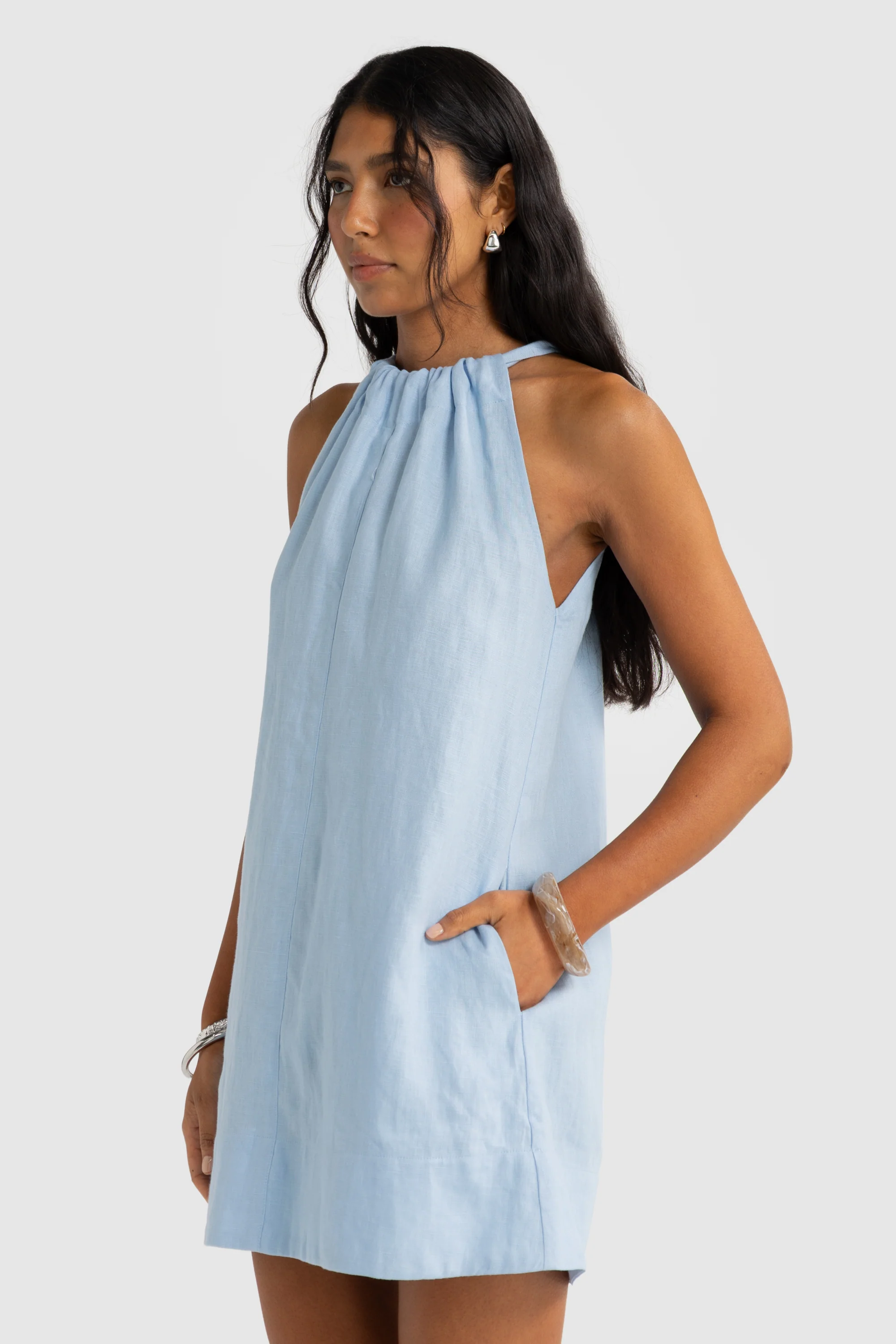 Luna Linen Mini Dress Powder Blue - Image 5