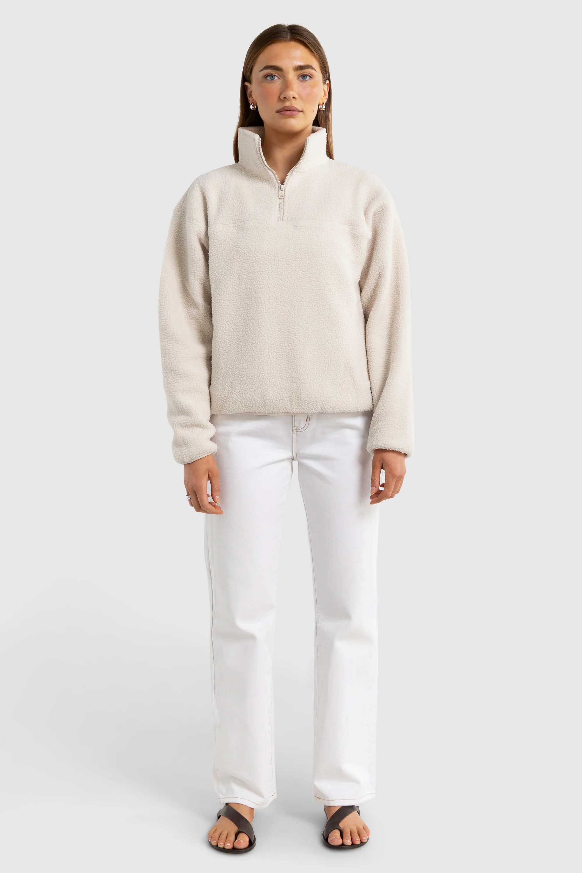 Unisex Sherpa Fleece Quarter Zip Natural - Image 4