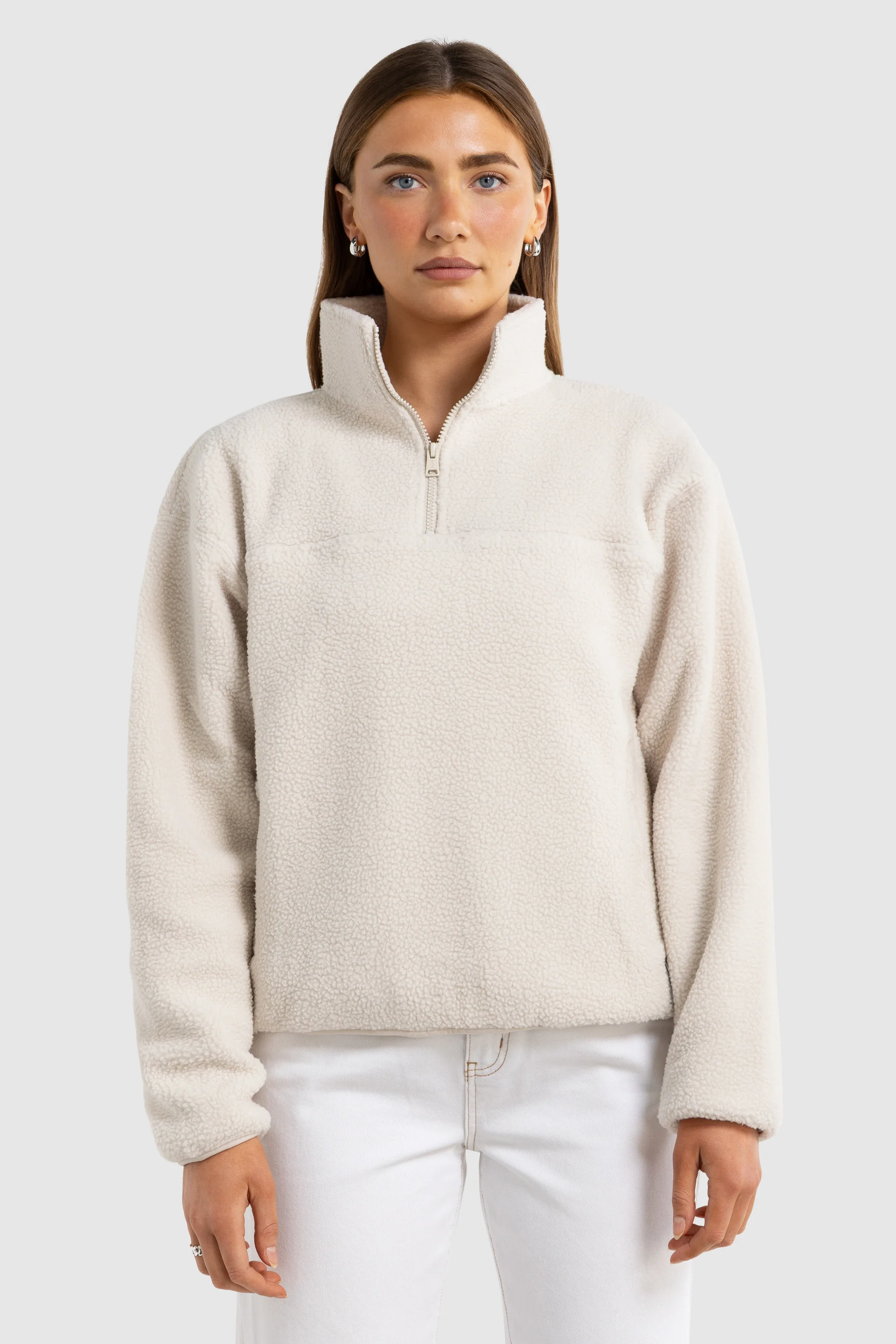 Unisex Sherpa Fleece Quarter Zip Natural - Image 6