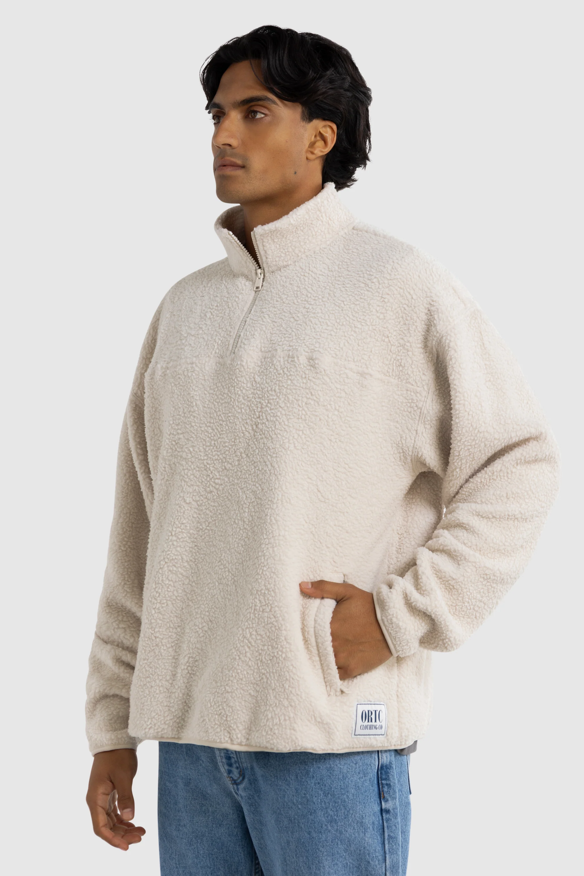 Unisex Sherpa Fleece Quarter Zip Natural - Image 8