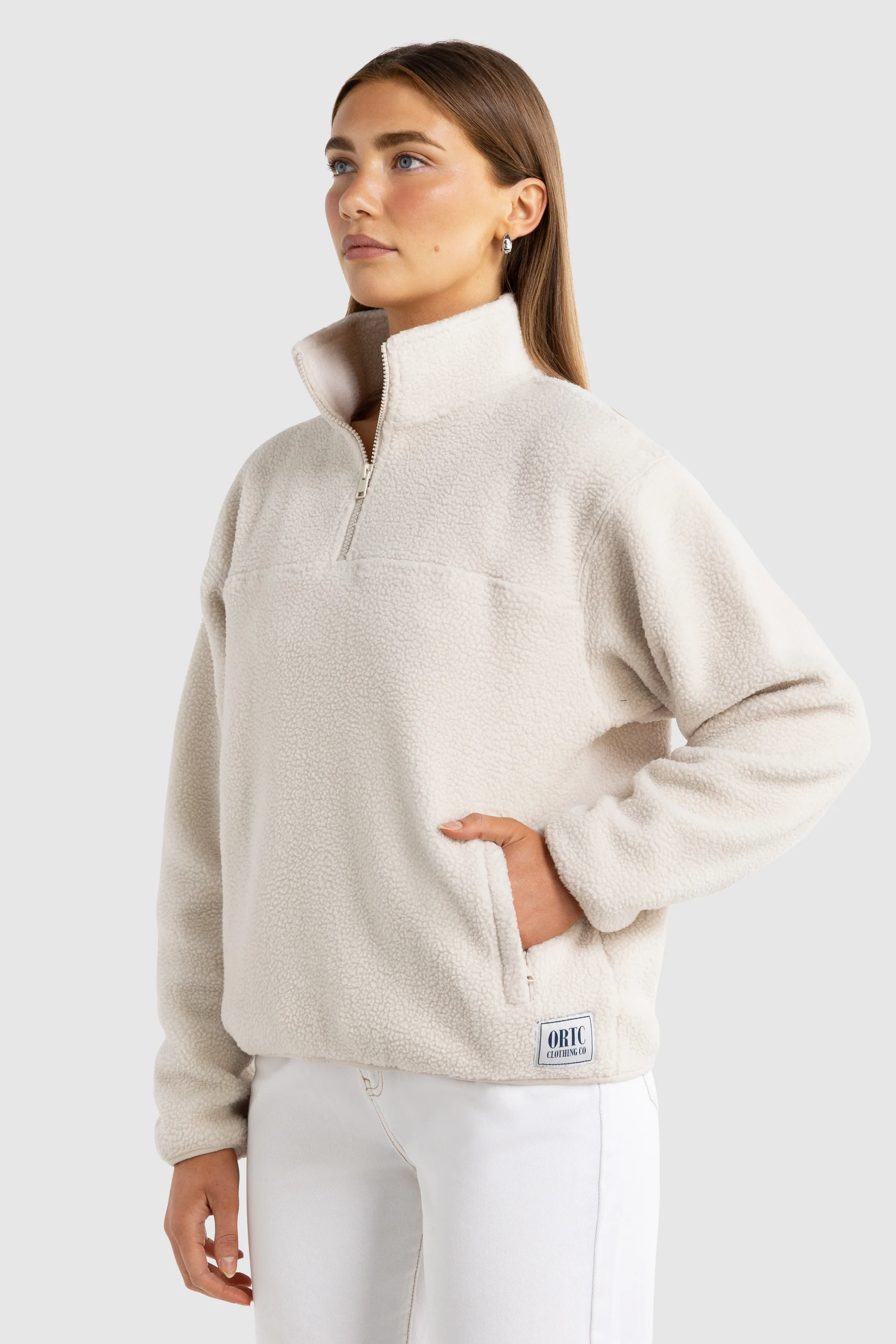 Unisex Sherpa Fleece Quarter Zip Natural - Image 9
