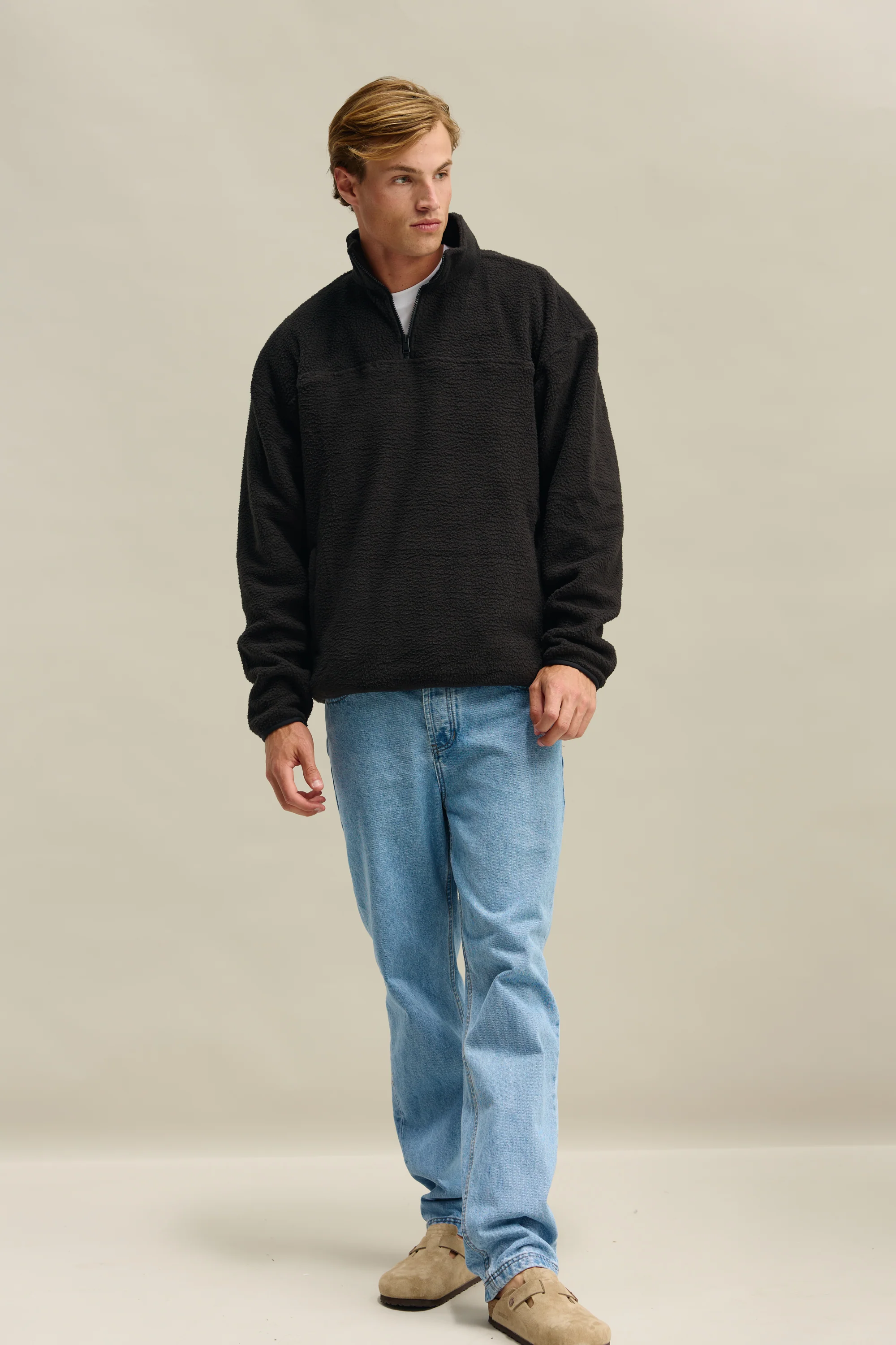 Unisex Sherpa Fleece Quarter Zip Washed Black - Image 2