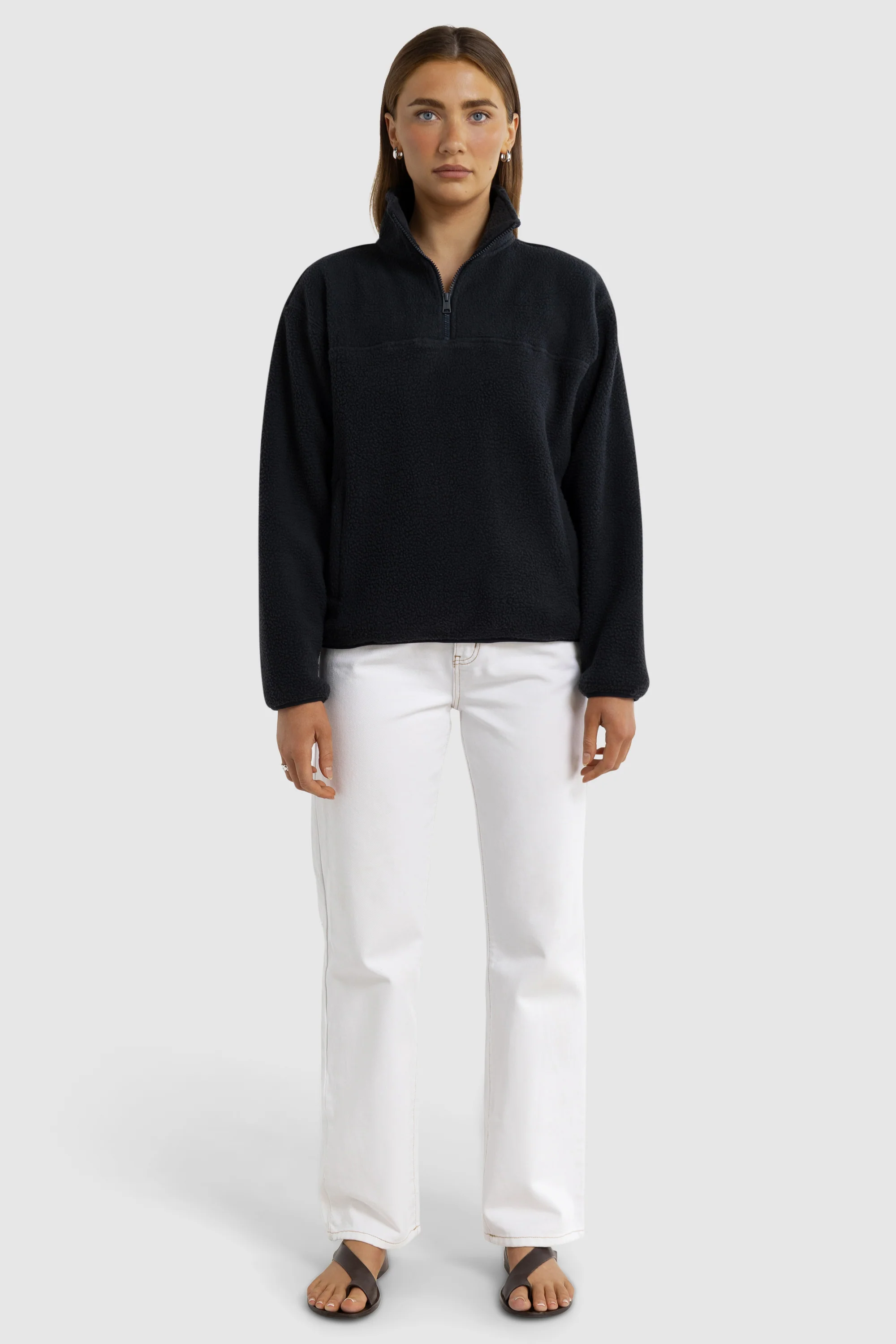 Unisex Sherpa Fleece Quarter Zip Washed Black - Image 4