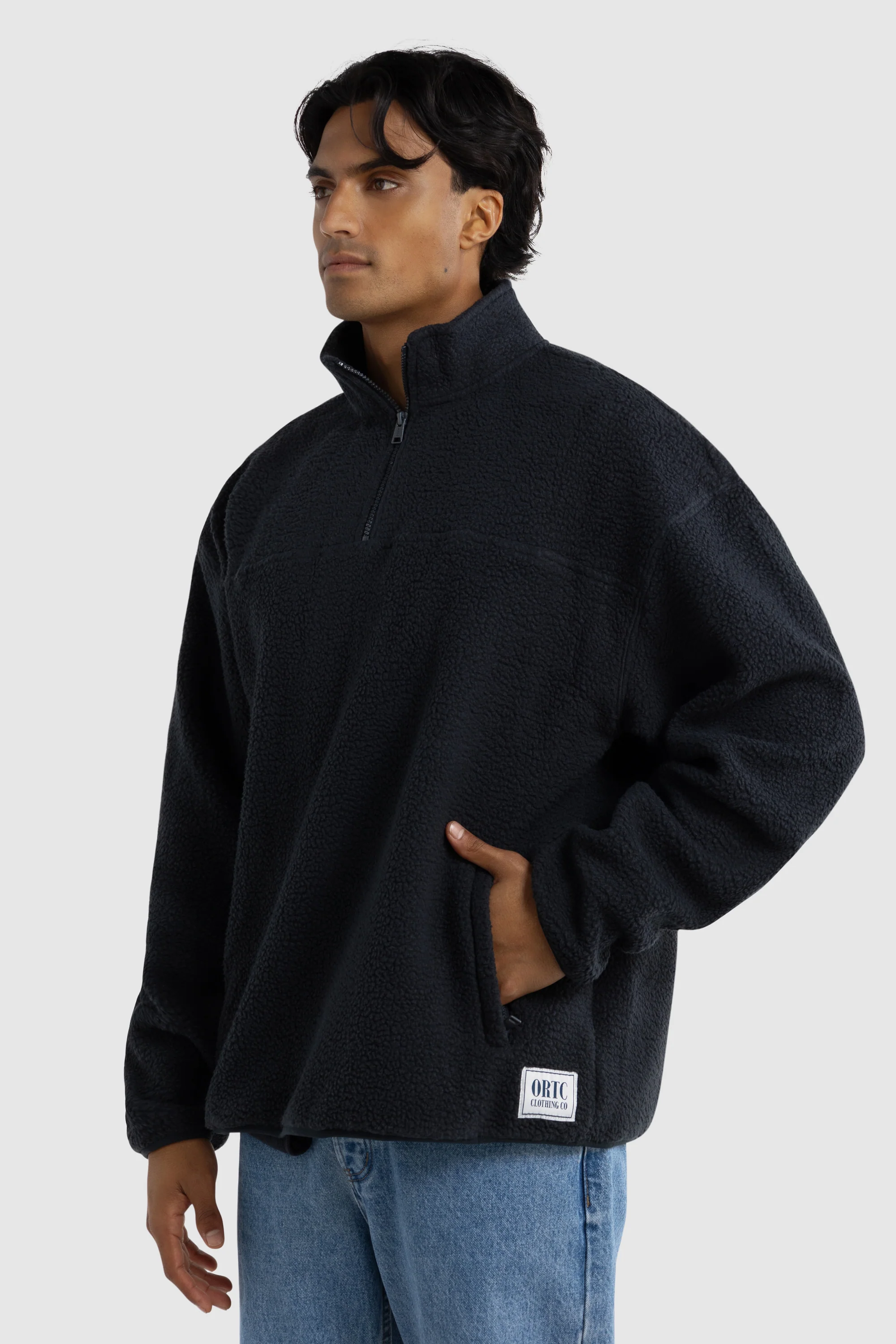 Unisex Sherpa Fleece Quarter Zip Washed Black - Image 8