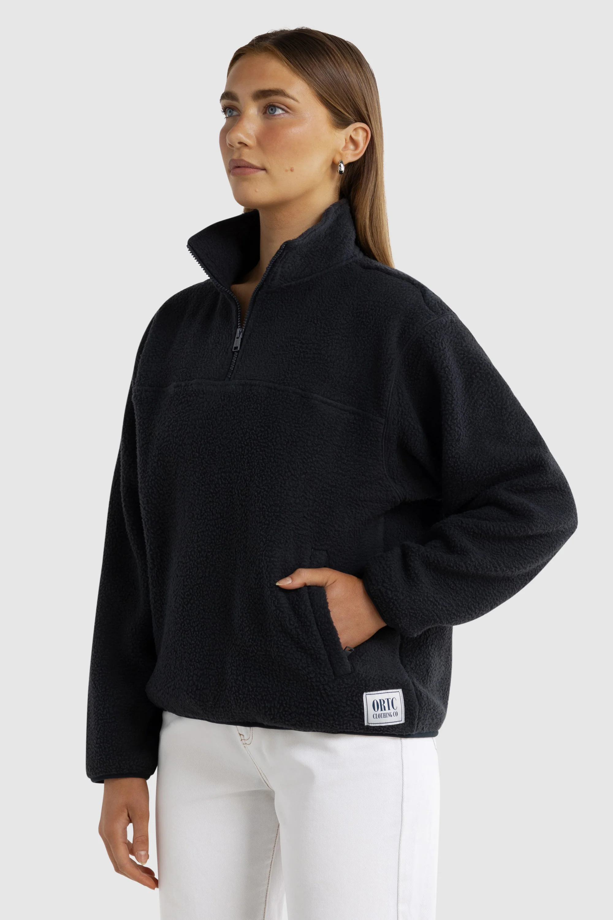 Unisex Sherpa Fleece Quarter Zip Washed Black - Image 9