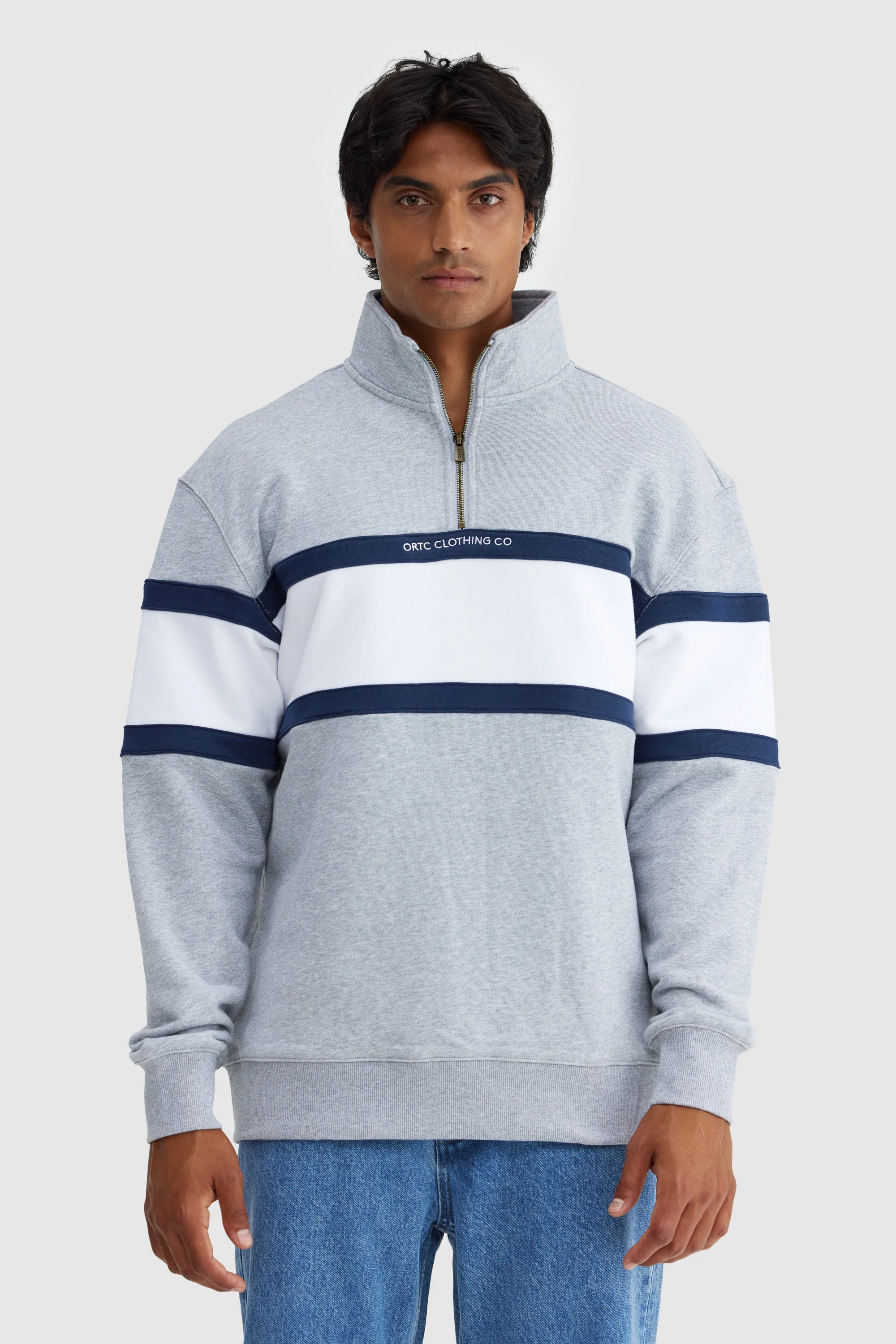 Triple Panel Quarter Zip Grey Marle & White