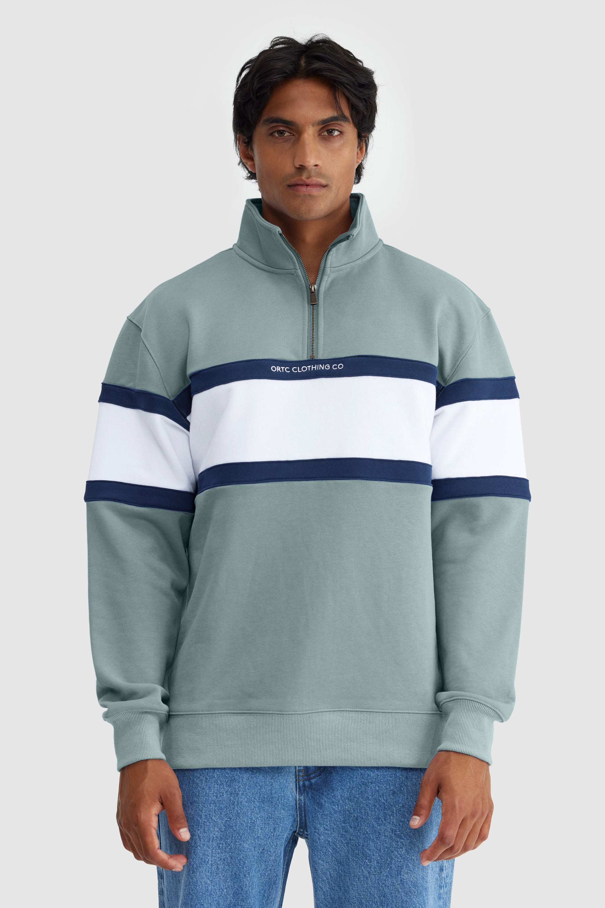 Triple Panel Quarter Zip Seafoam & White