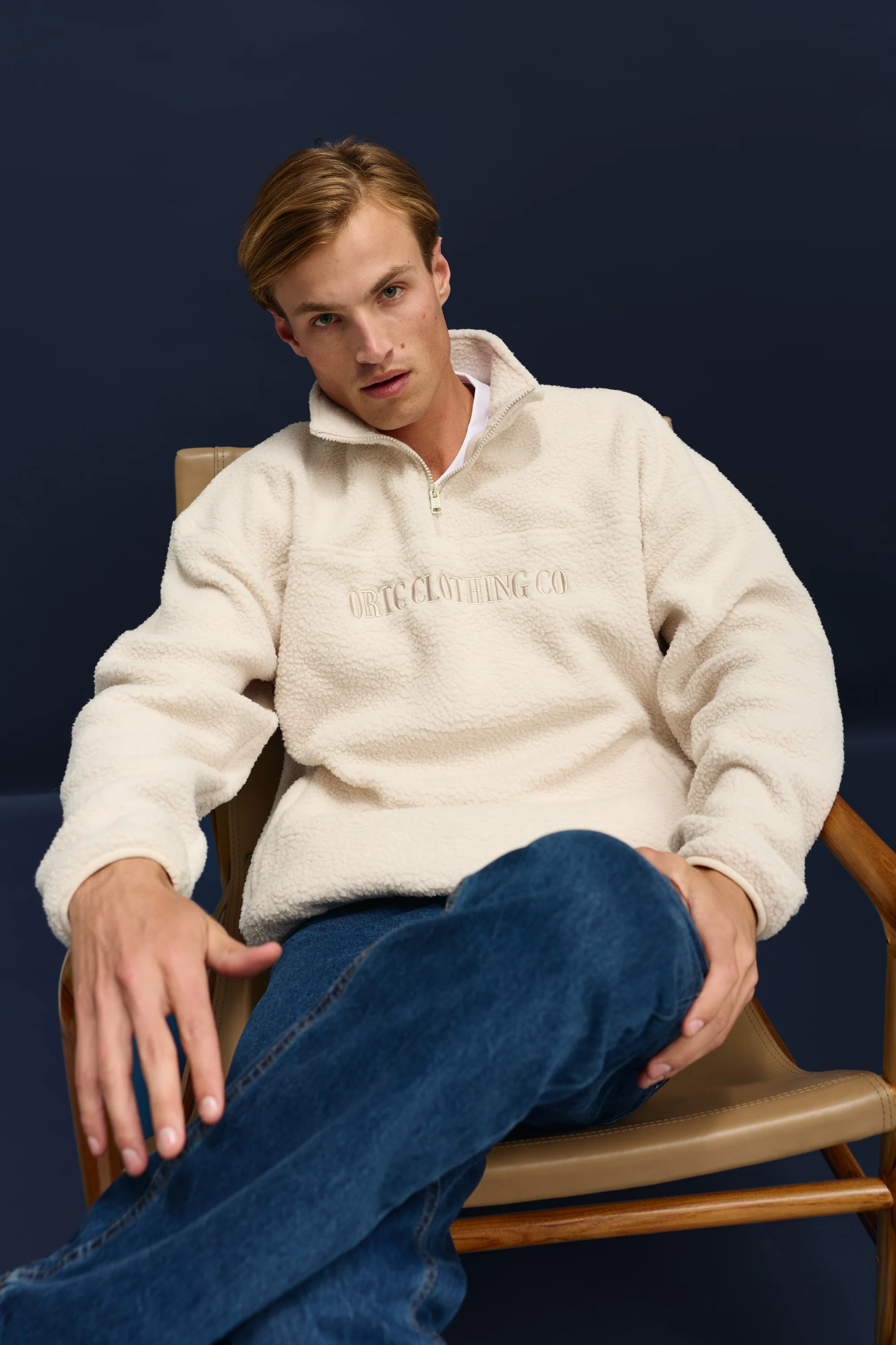 Unisex Sherpa Fleece Logo Quarter Zip Natural - Image 2