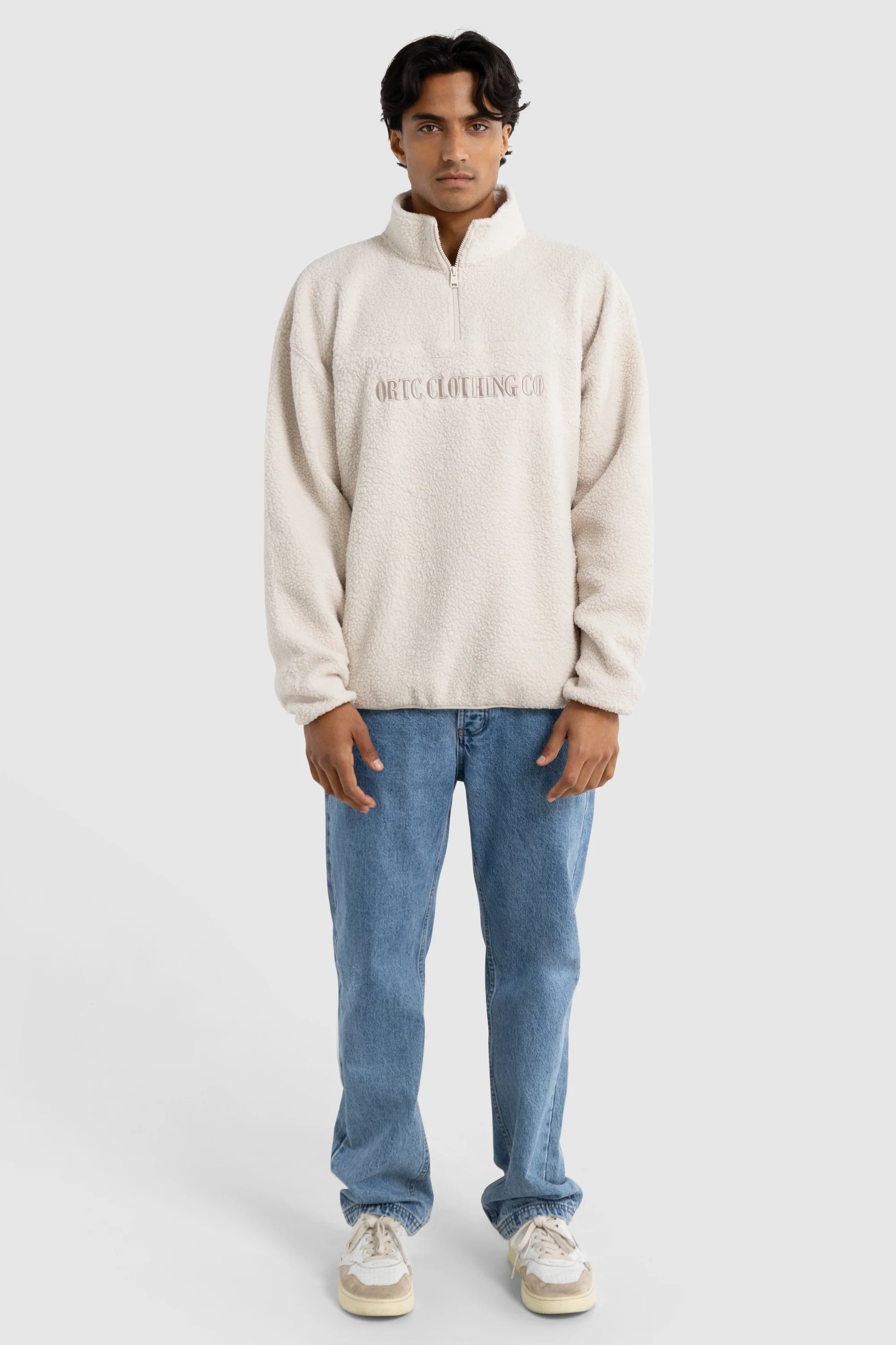 Unisex Sherpa Fleece Logo Quarter Zip Natural - Image 3