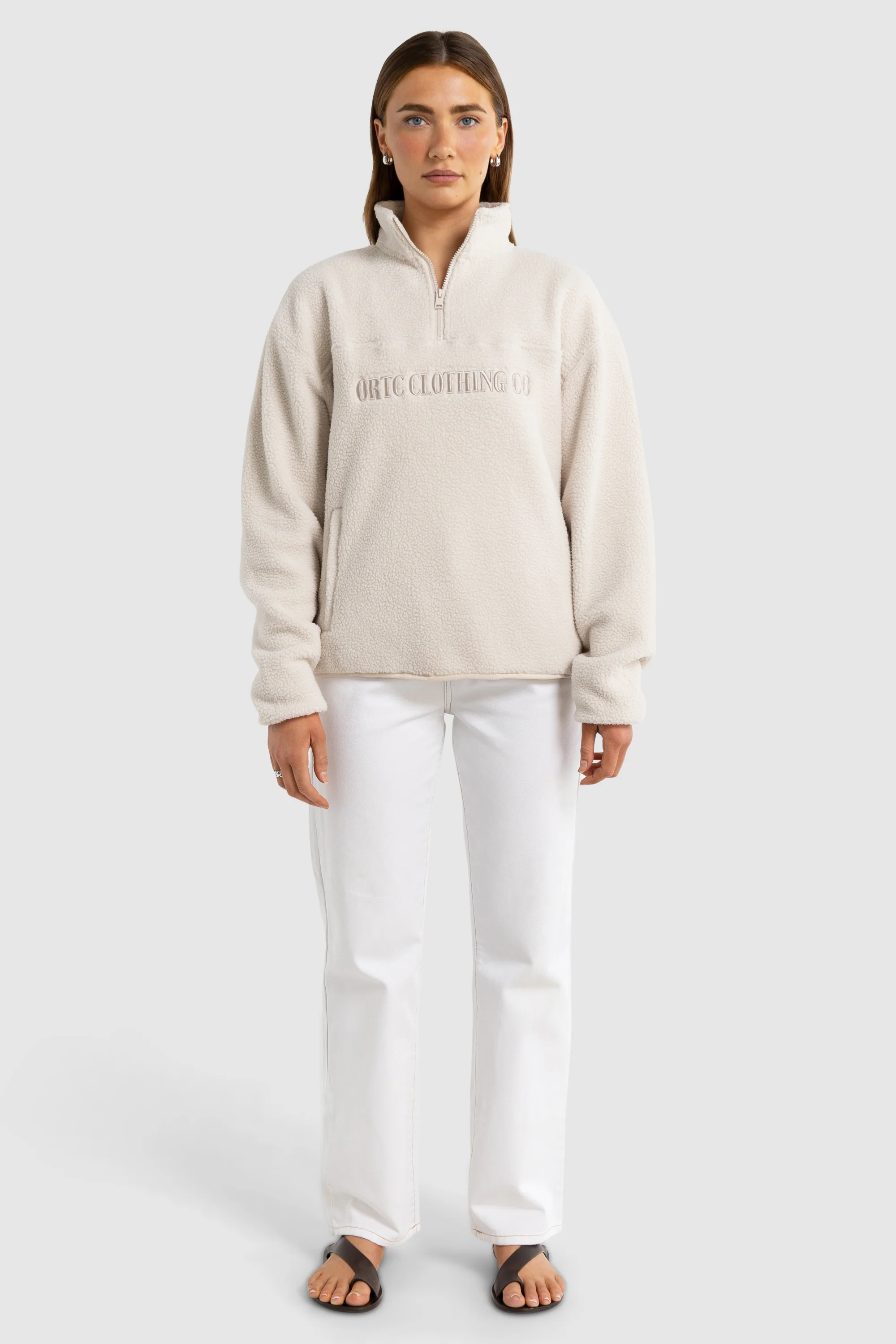 Unisex Sherpa Fleece Logo Quarter Zip Natural - Image 4