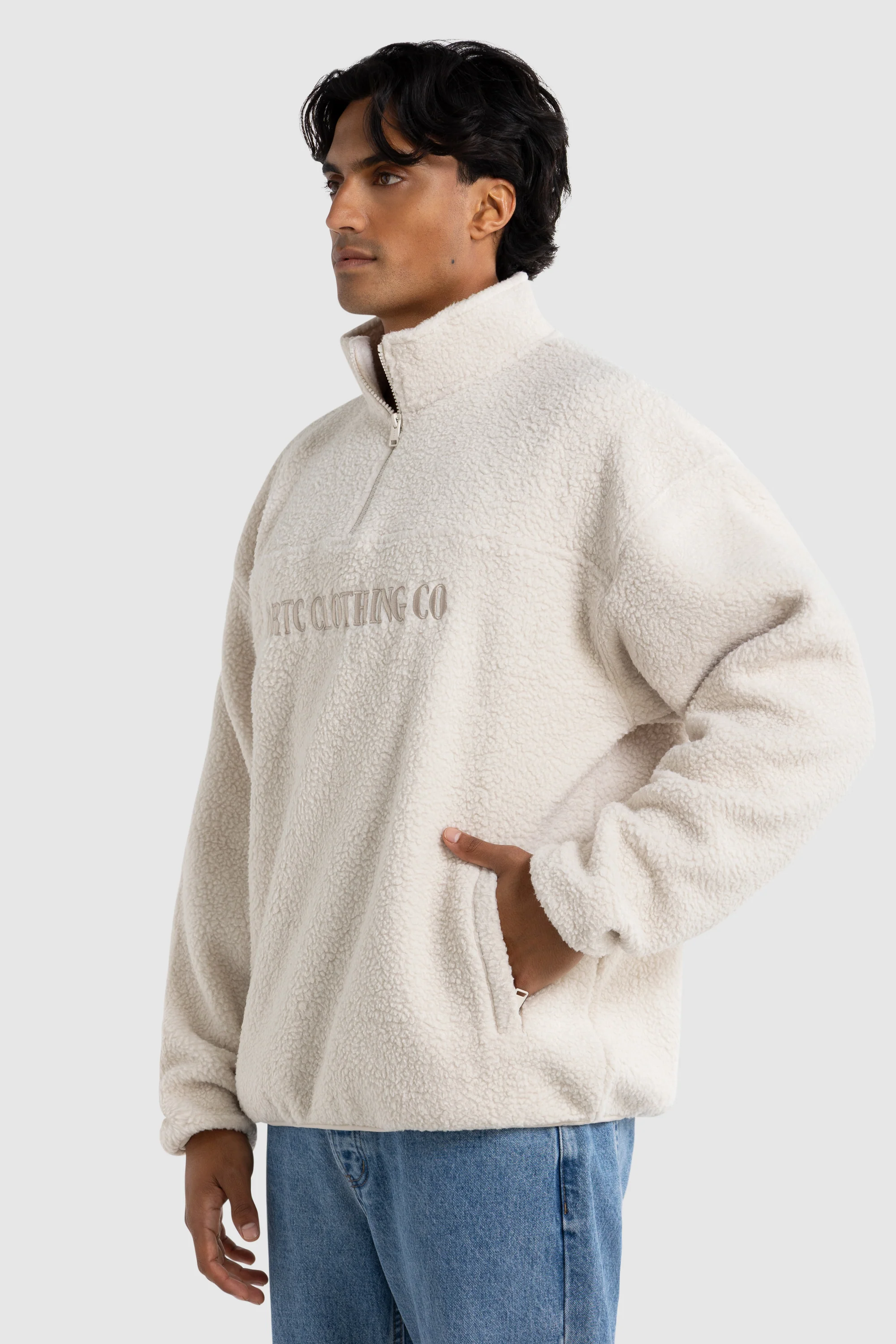 Unisex Sherpa Fleece Logo Quarter Zip Natural - Image 8