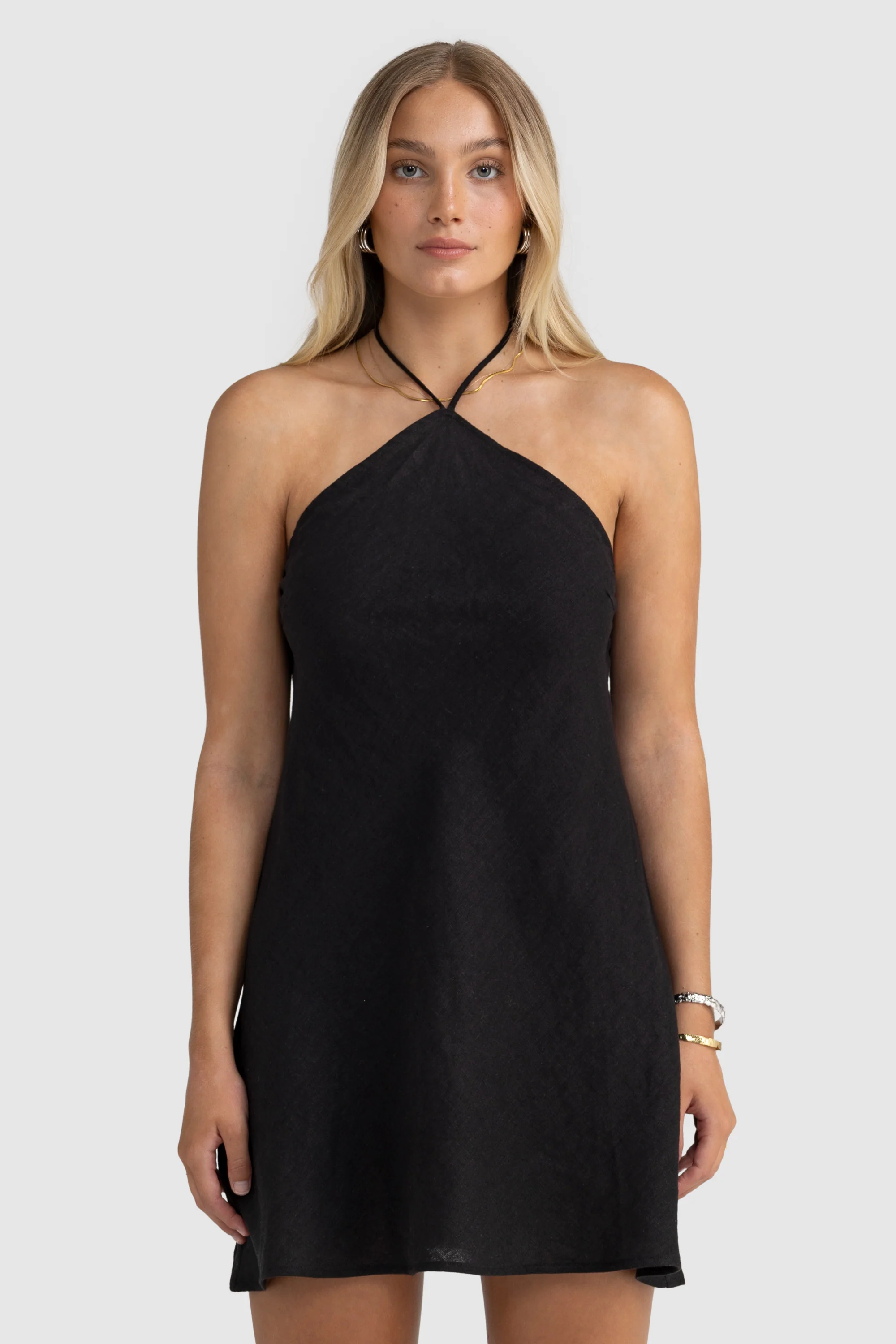 Zia Linen Mini Dress Black - Image 3
