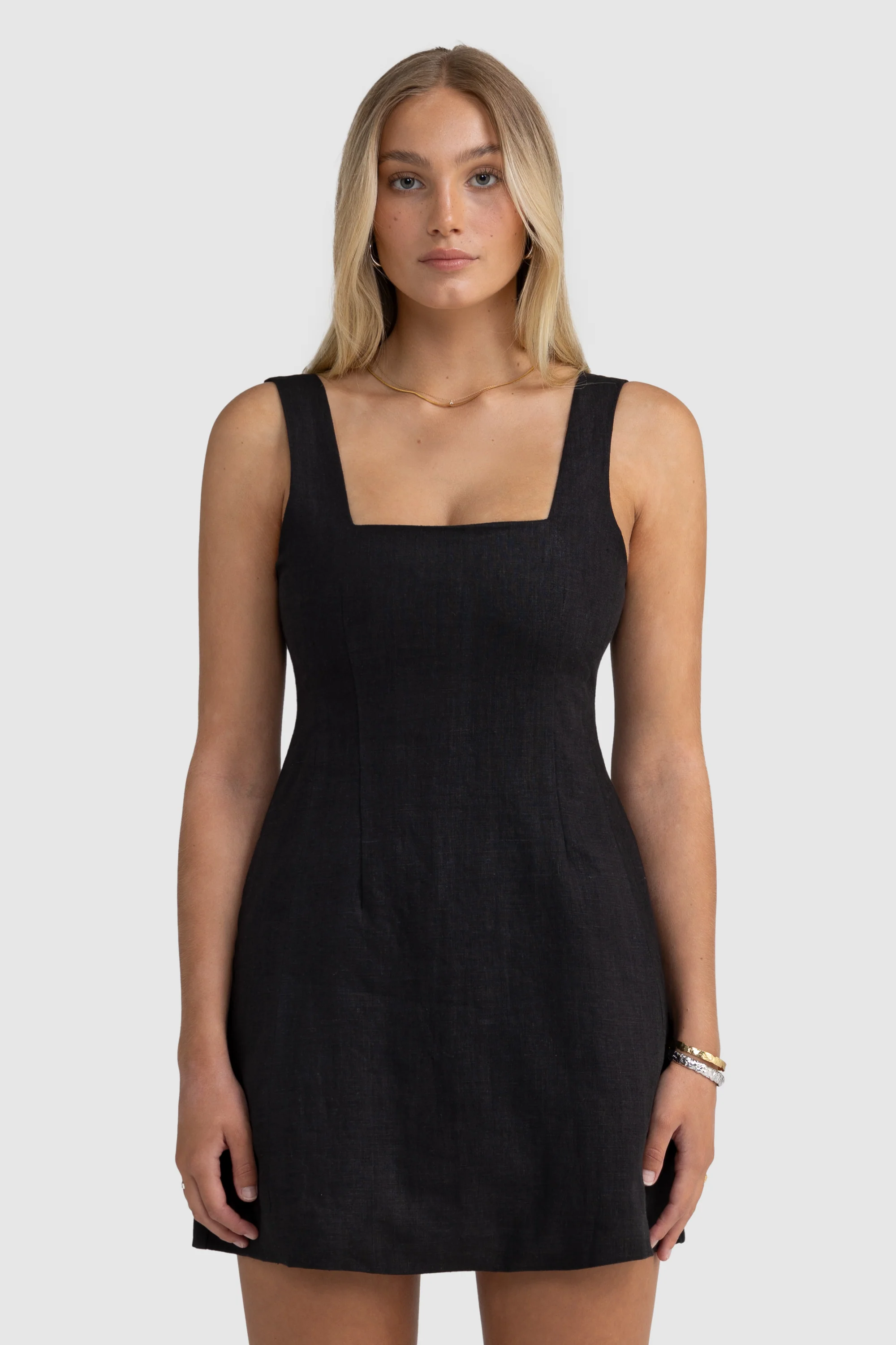 Zoey Linen Mini Dress Black - Image 3