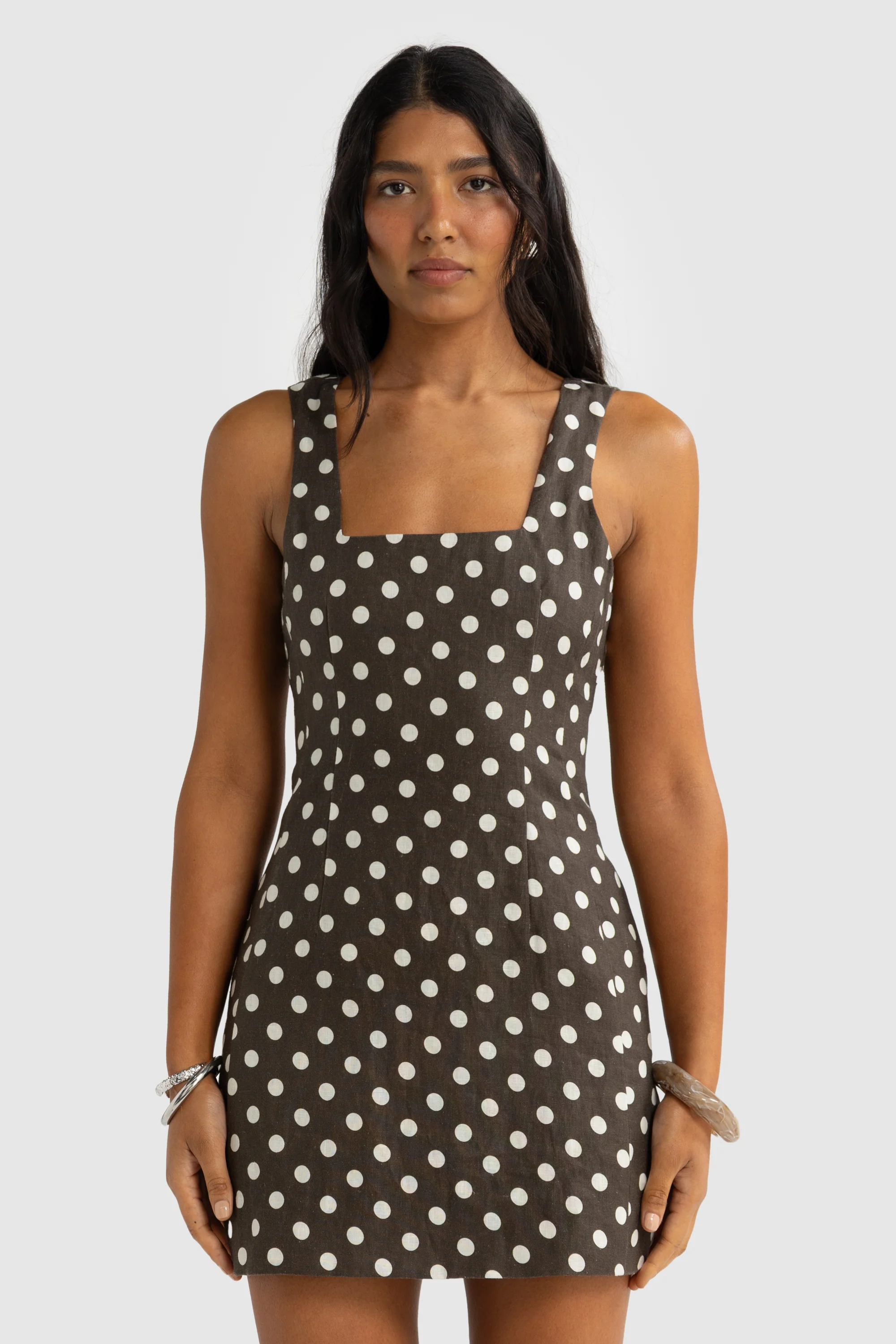 Zoey Linen Mini Dress Carob Polkadot - Image 2